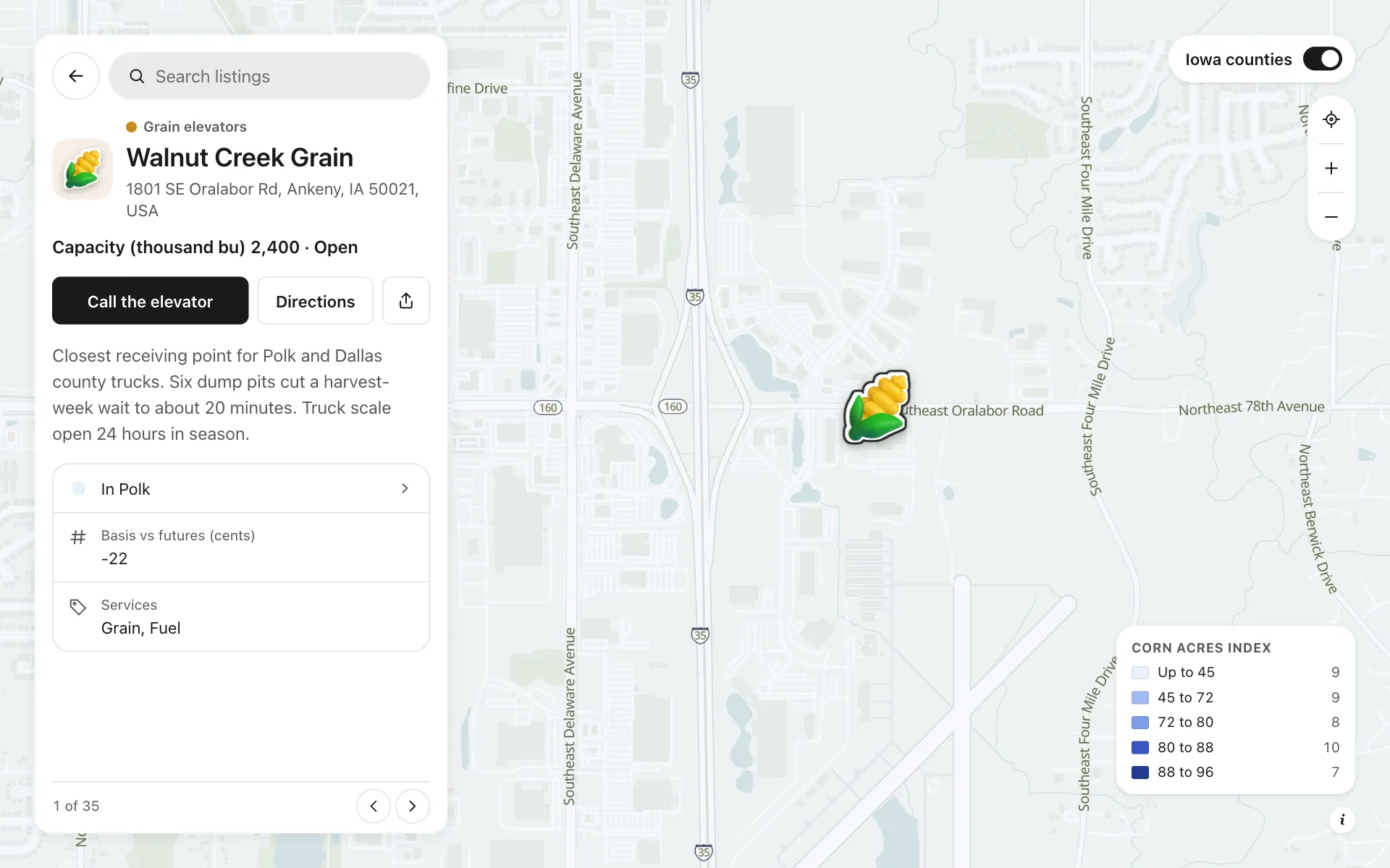 A place opened on the ag input and grain network map, with its details and buttons