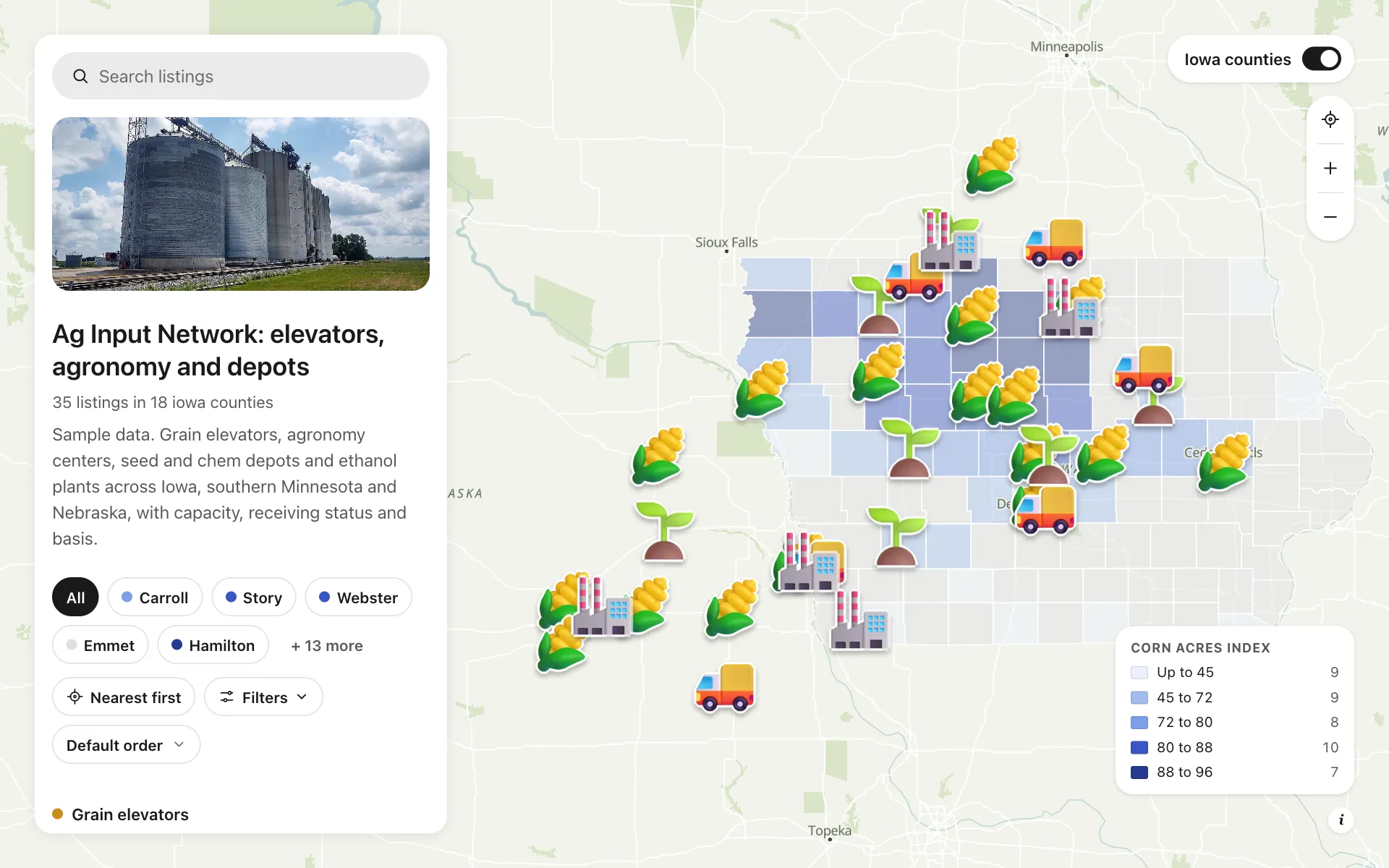 Ag input and grain network: Ag Input Network: elevators, agronomy and depots, a shared map made with Create Mappins