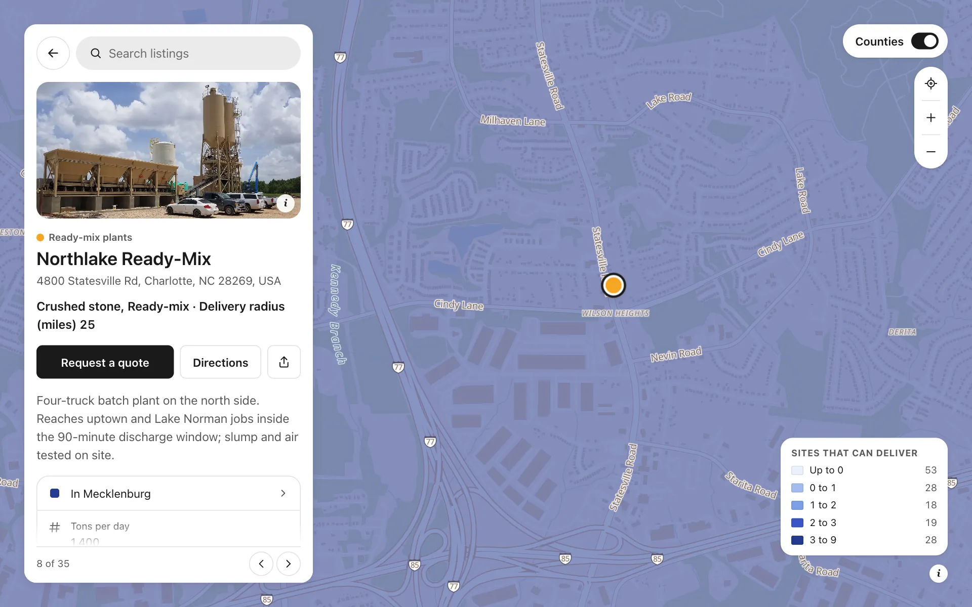 A place opened on the aggregates delivery range map, with its details and buttons