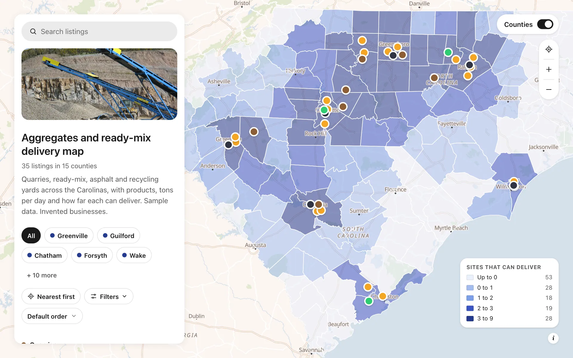 Aggregates delivery range: Aggregates and ready-mix delivery map, a shared map made with Create Mappins