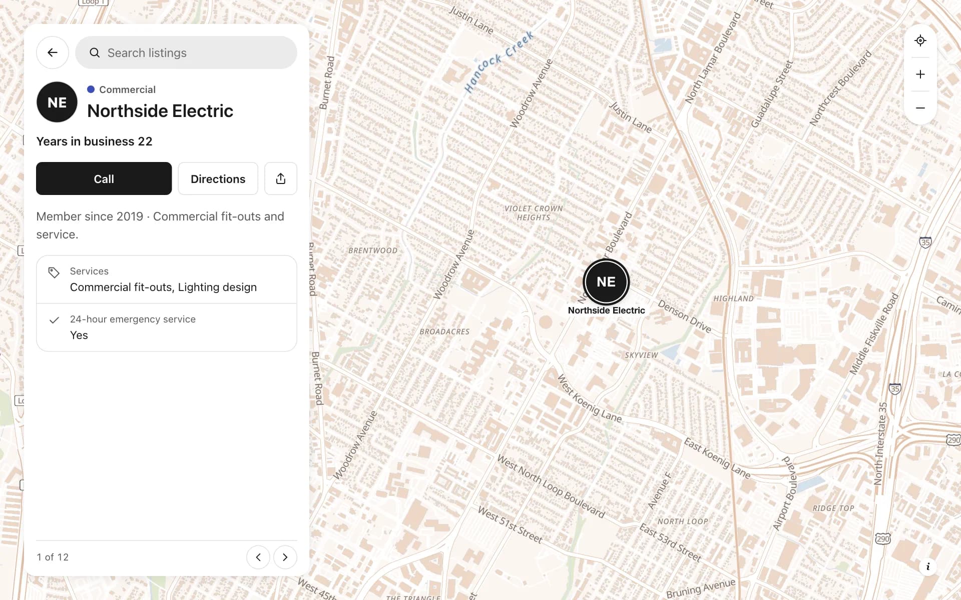 A place opened on the member directory for an association map, with its details and buttons
