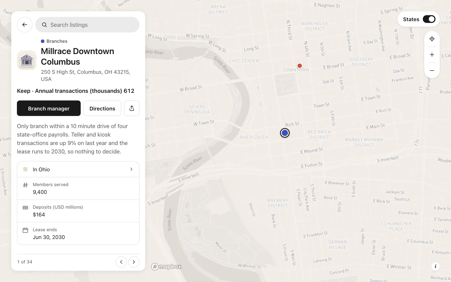 A place opened on the branch network review for a credit union map, with its details and buttons