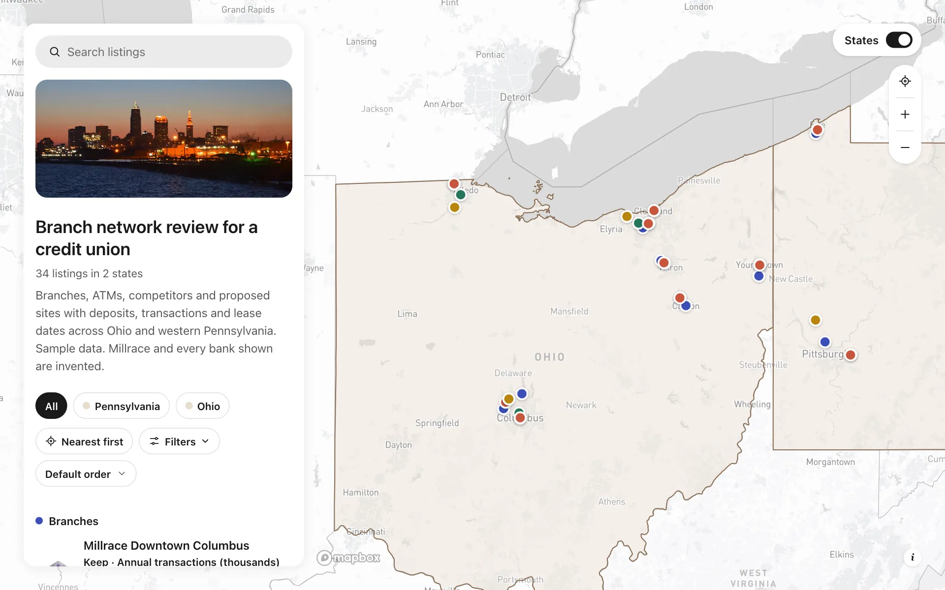 Branch network review for a credit union: Branch network review for a credit union, a shared map made with Create Mappins