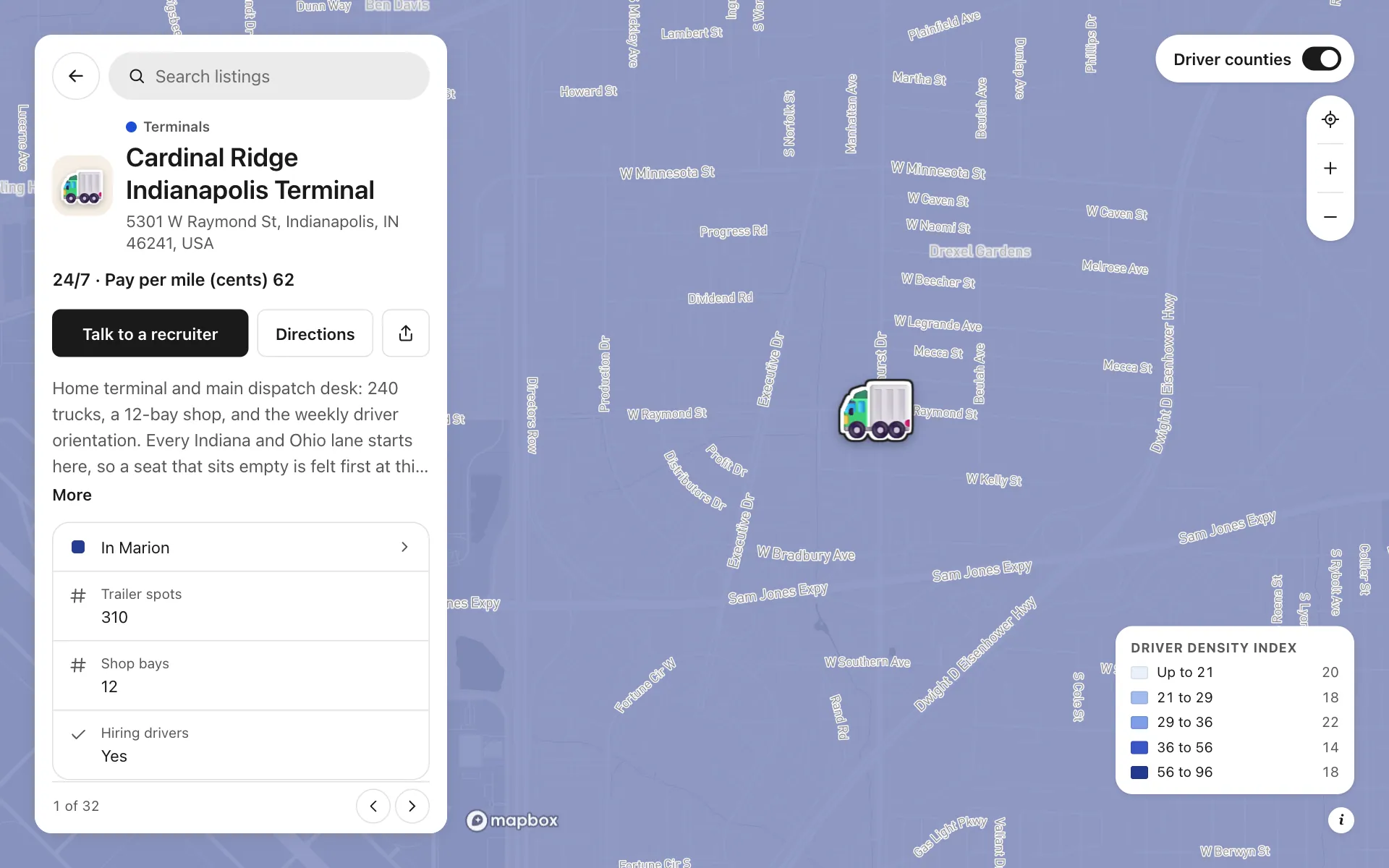 A place opened on the trucking terminals and driver recruiting map, with its details and buttons