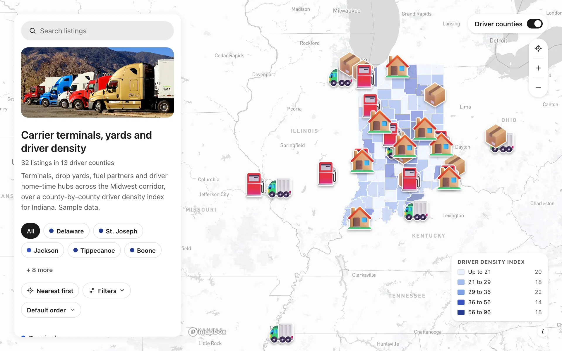 Trucking terminals and driver recruiting: Carrier terminals, yards and driver density, a shared map made with Create Mappins