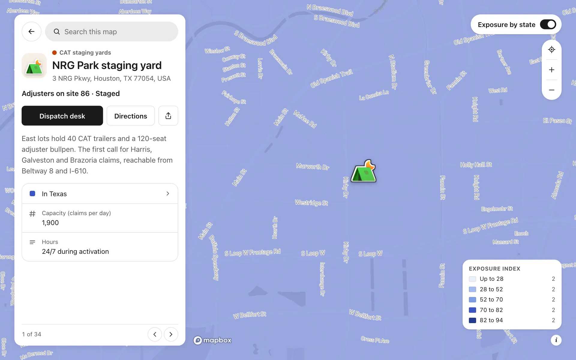 A place opened on the catastrophe claims staging map, with its details and buttons