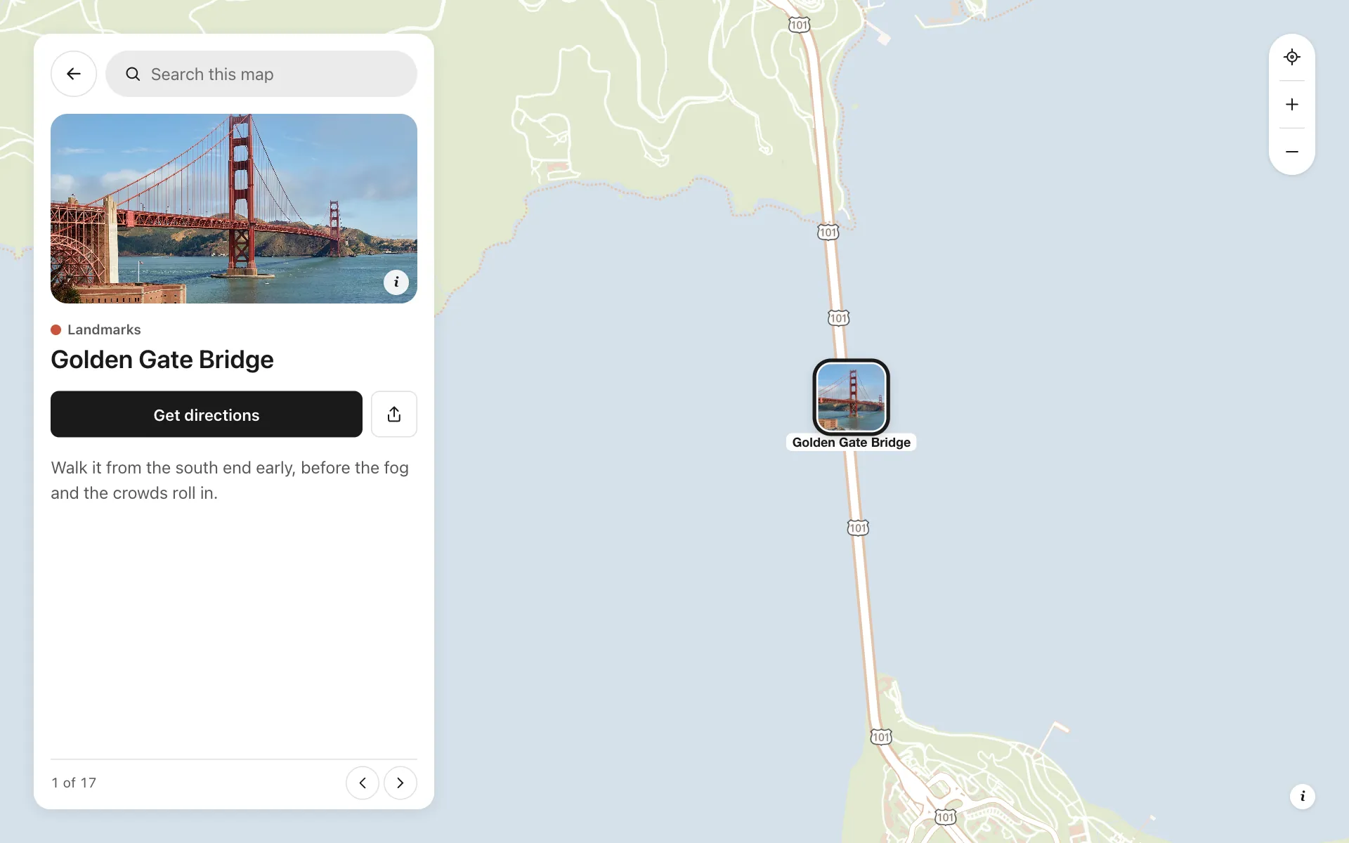 A place opened on the city guide for tourism boards map, with its details and buttons