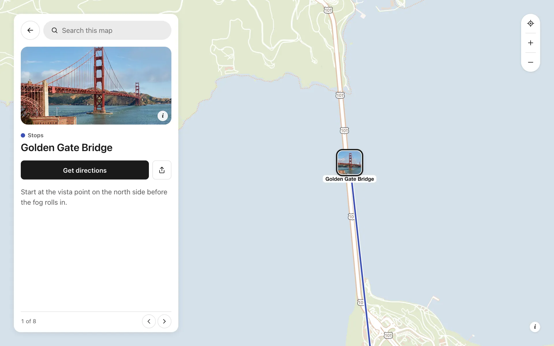 A place opened on the road trip itinerary map, with its details and buttons