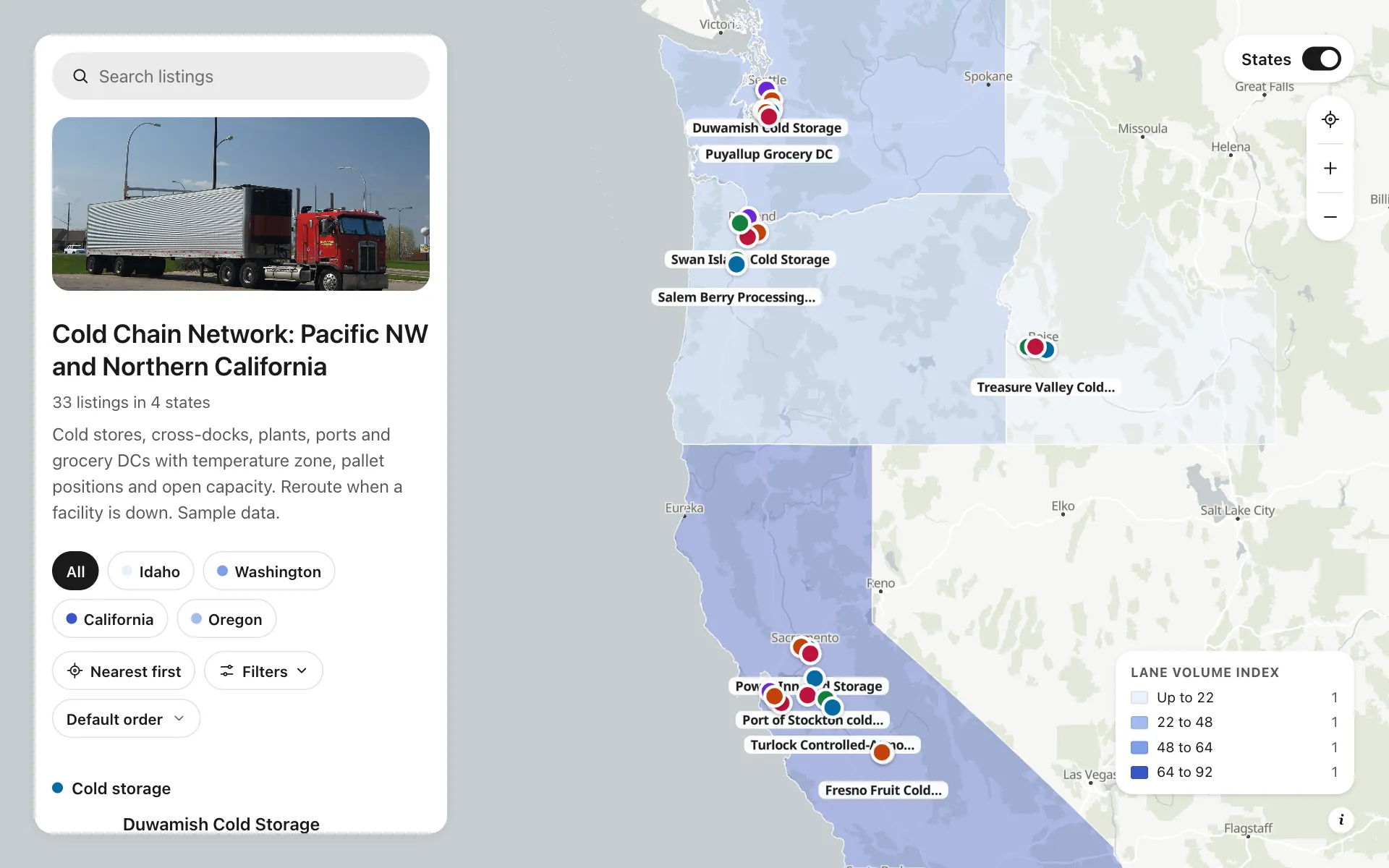Cold chain network: Cold Chain Network: Pacific NW and Northern California, a shared map made with Create Mappins