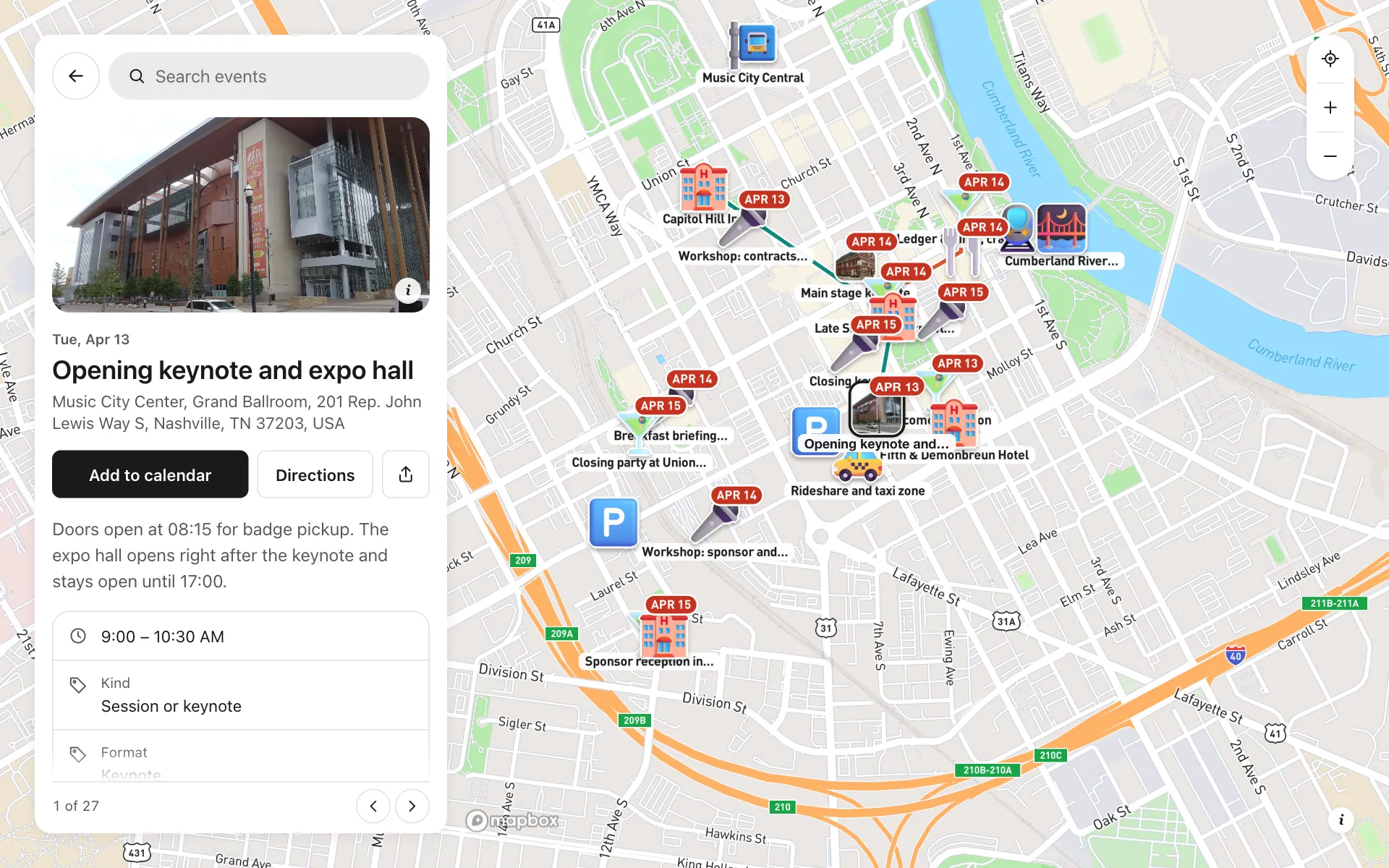 A place opened on the conference attendee map map, with its details and buttons