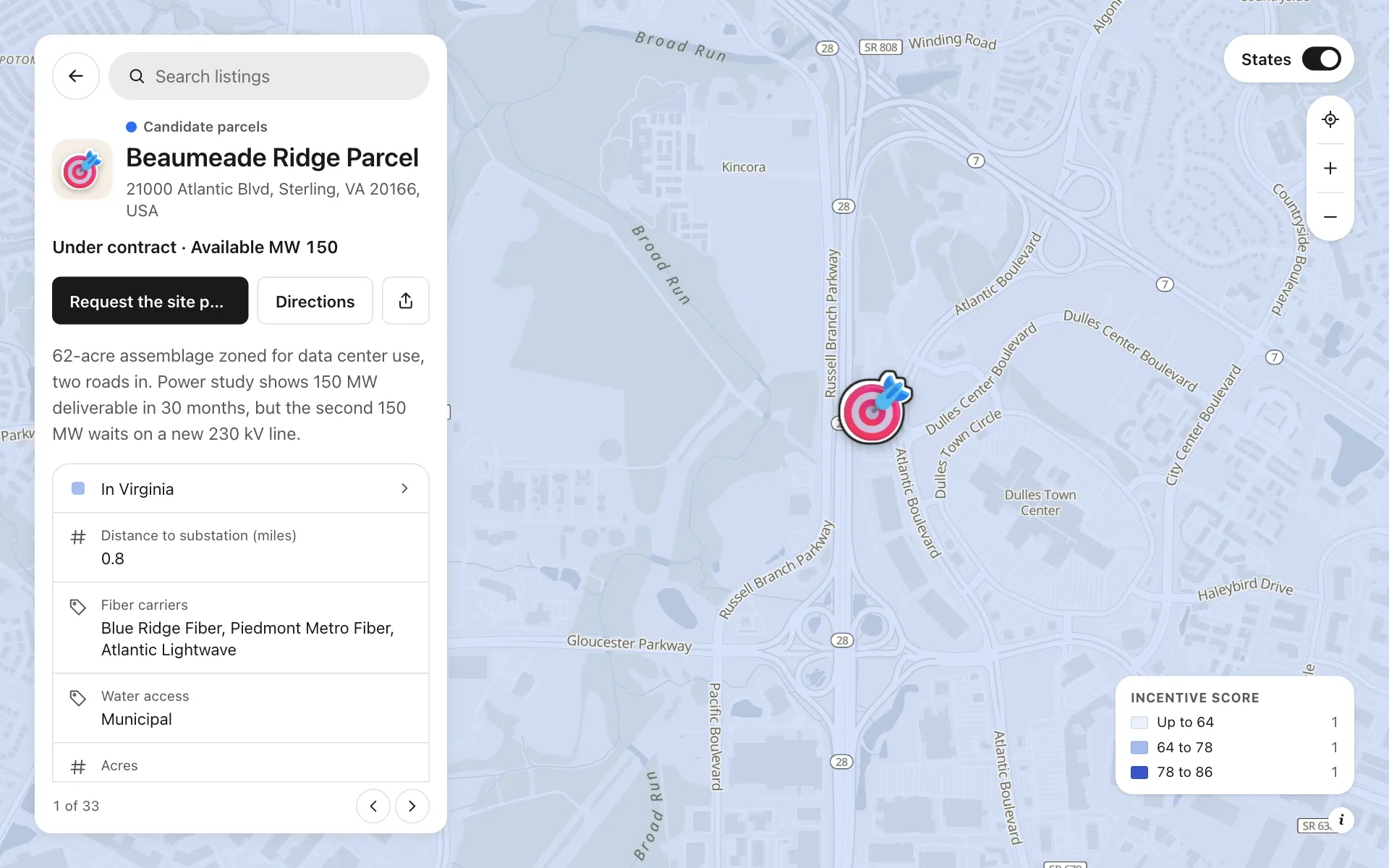 A place opened on the data center site selection map, with its details and buttons