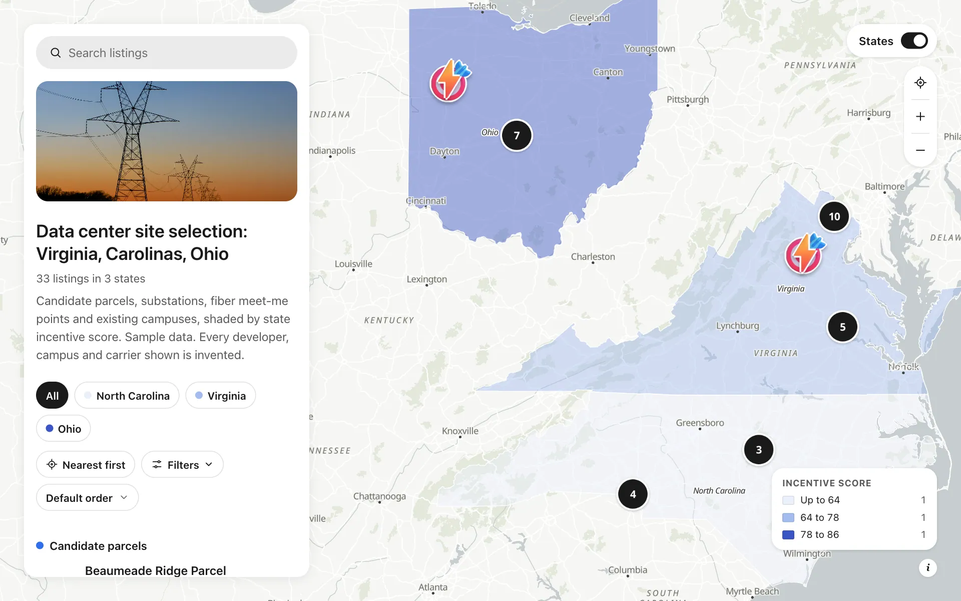 Data center site selection: Data center site selection: Virginia, Carolinas, Ohio, a shared map made with Create Mappins