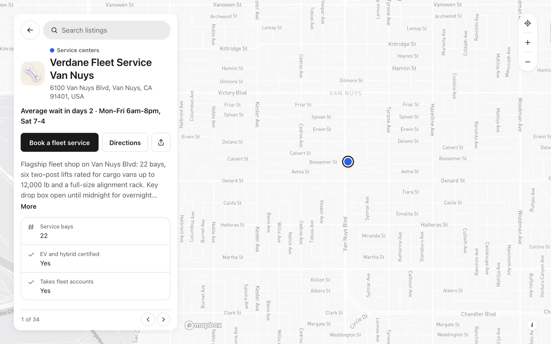 A place opened on the dealer group service network map, with its details and buttons