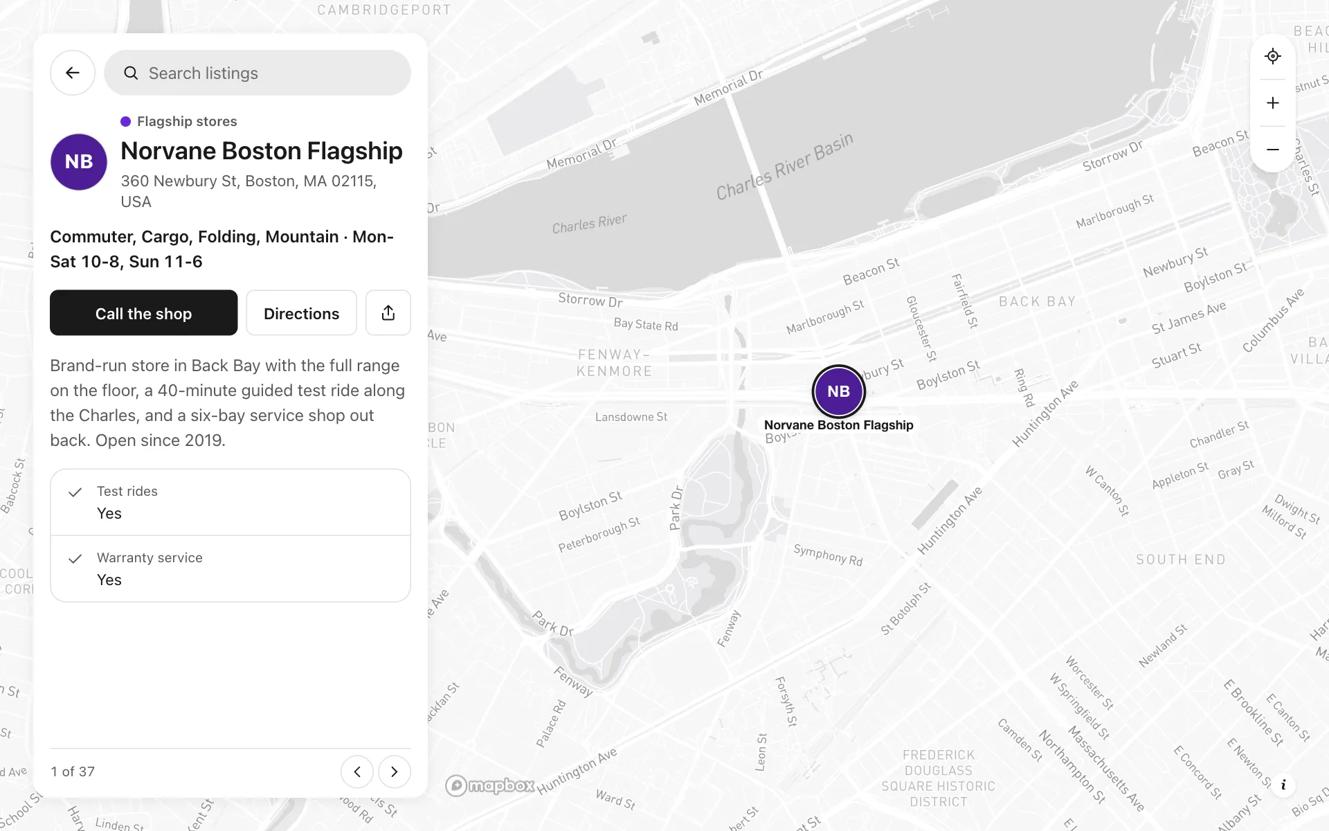 A place opened on the dealer locator for a brand map, with its details and buttons