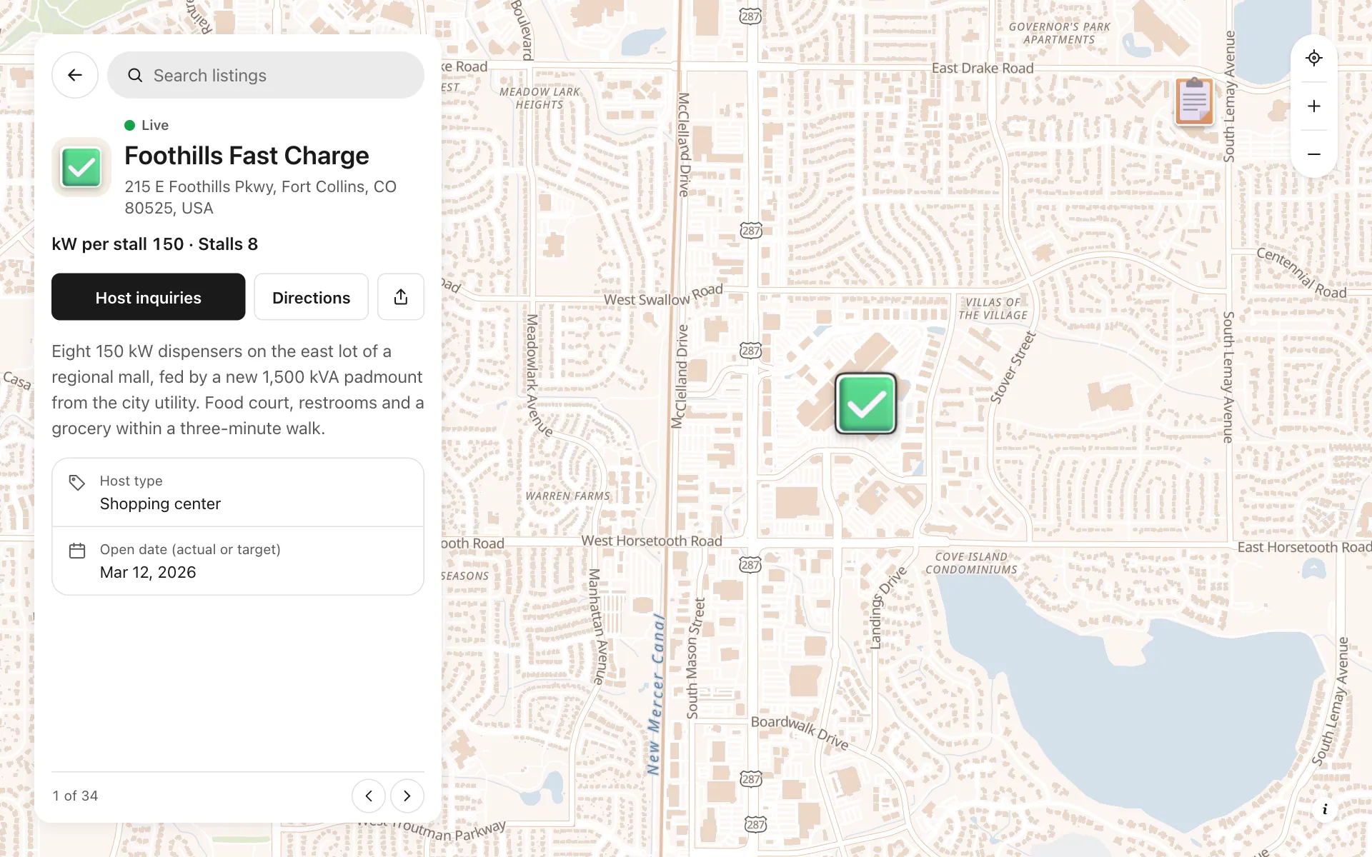 A place opened on the ev charging rollout tracker map, with its details and buttons