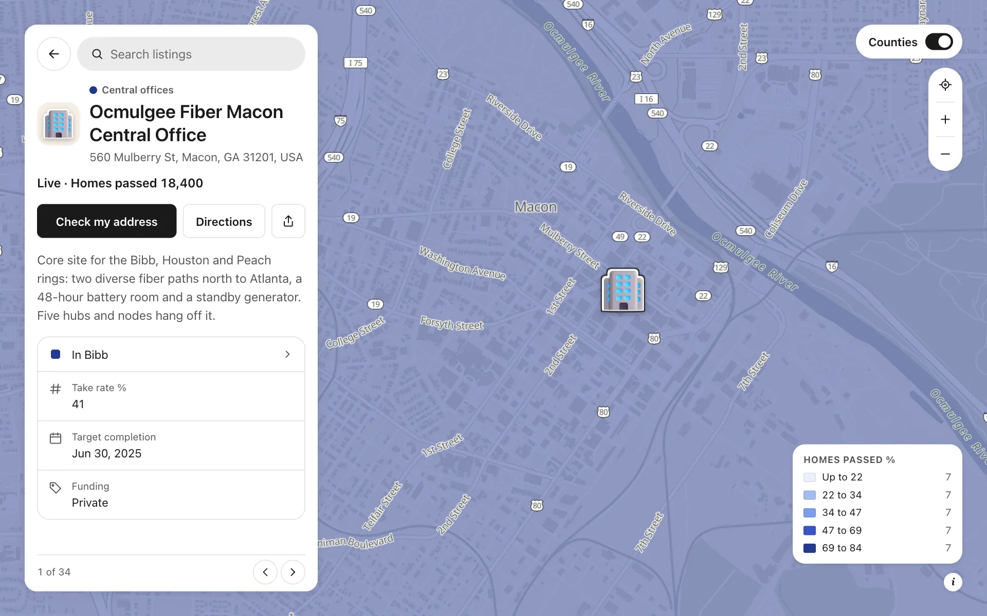 A place opened on the fiber build tracker map, with its details and buttons
