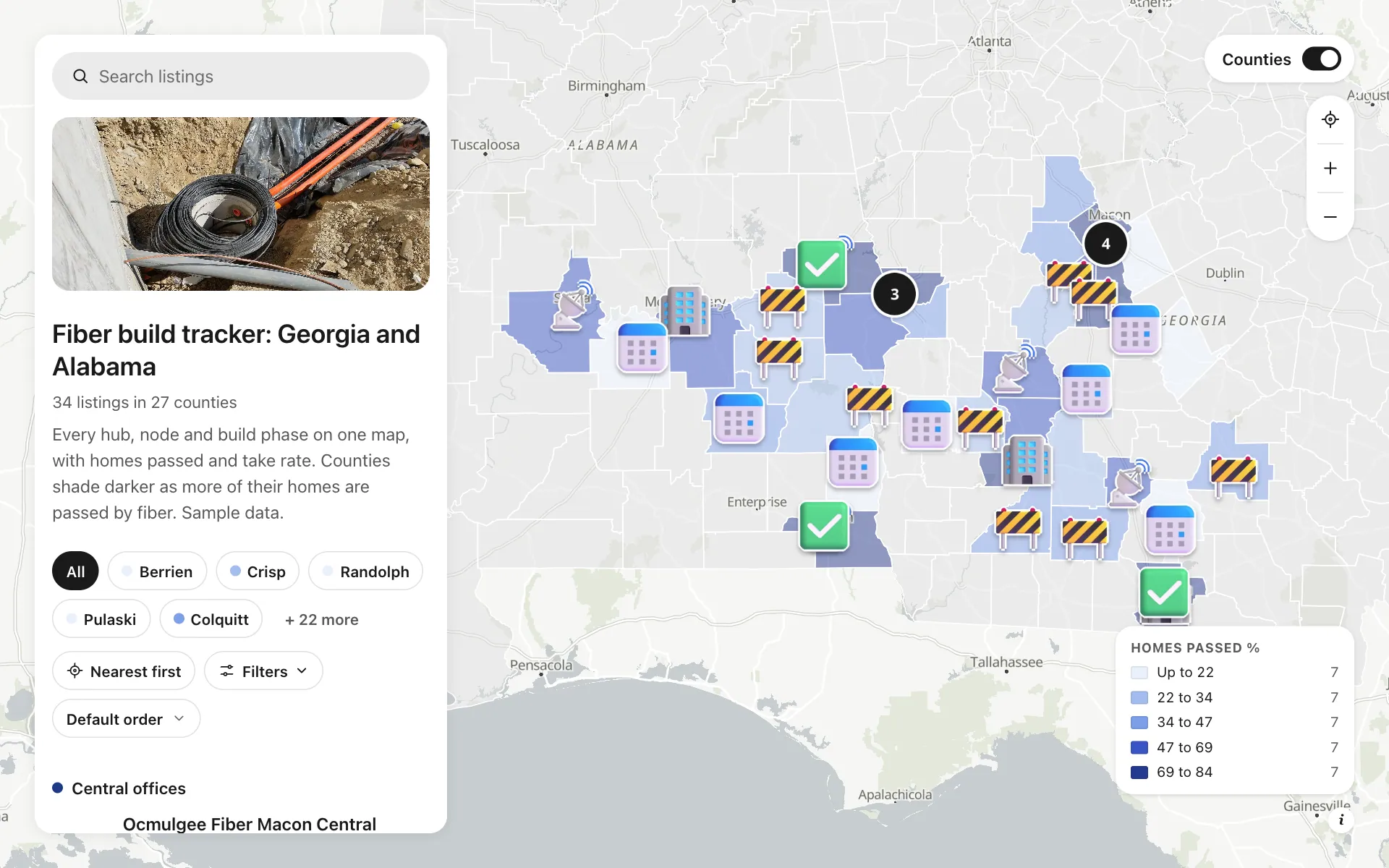 Fiber build tracker: Fiber build tracker: Georgia and Alabama, a shared map made with Create Mappins
