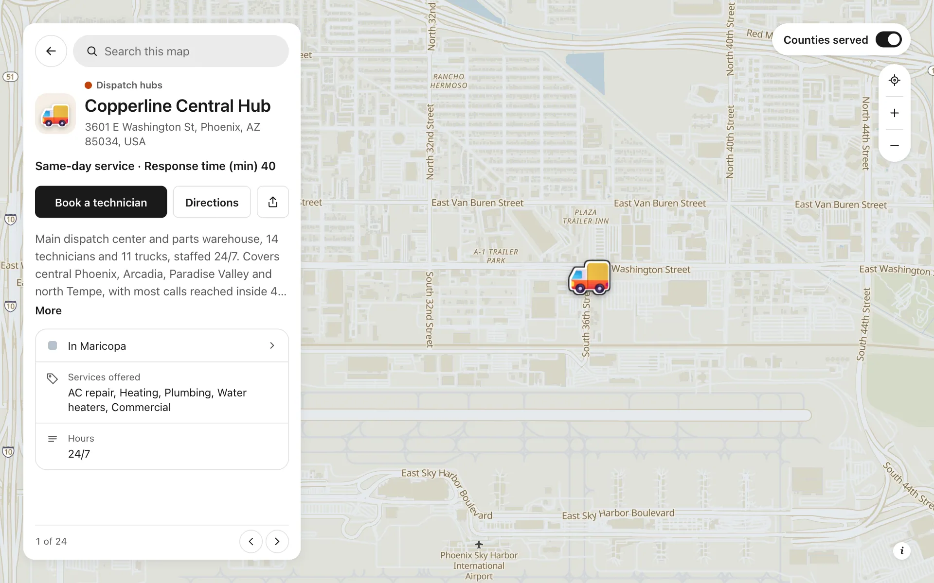 A place opened on the service area and dispatch map map, with its details and buttons
