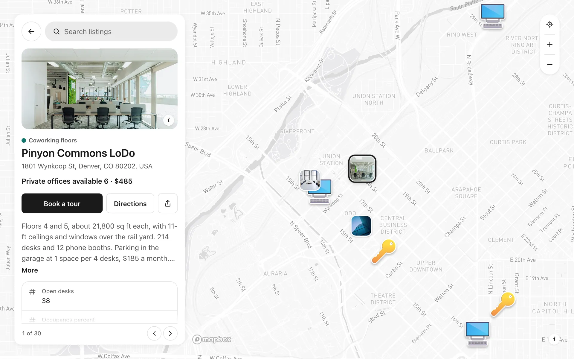 A place opened on the flex office portfolio map, with its details and buttons