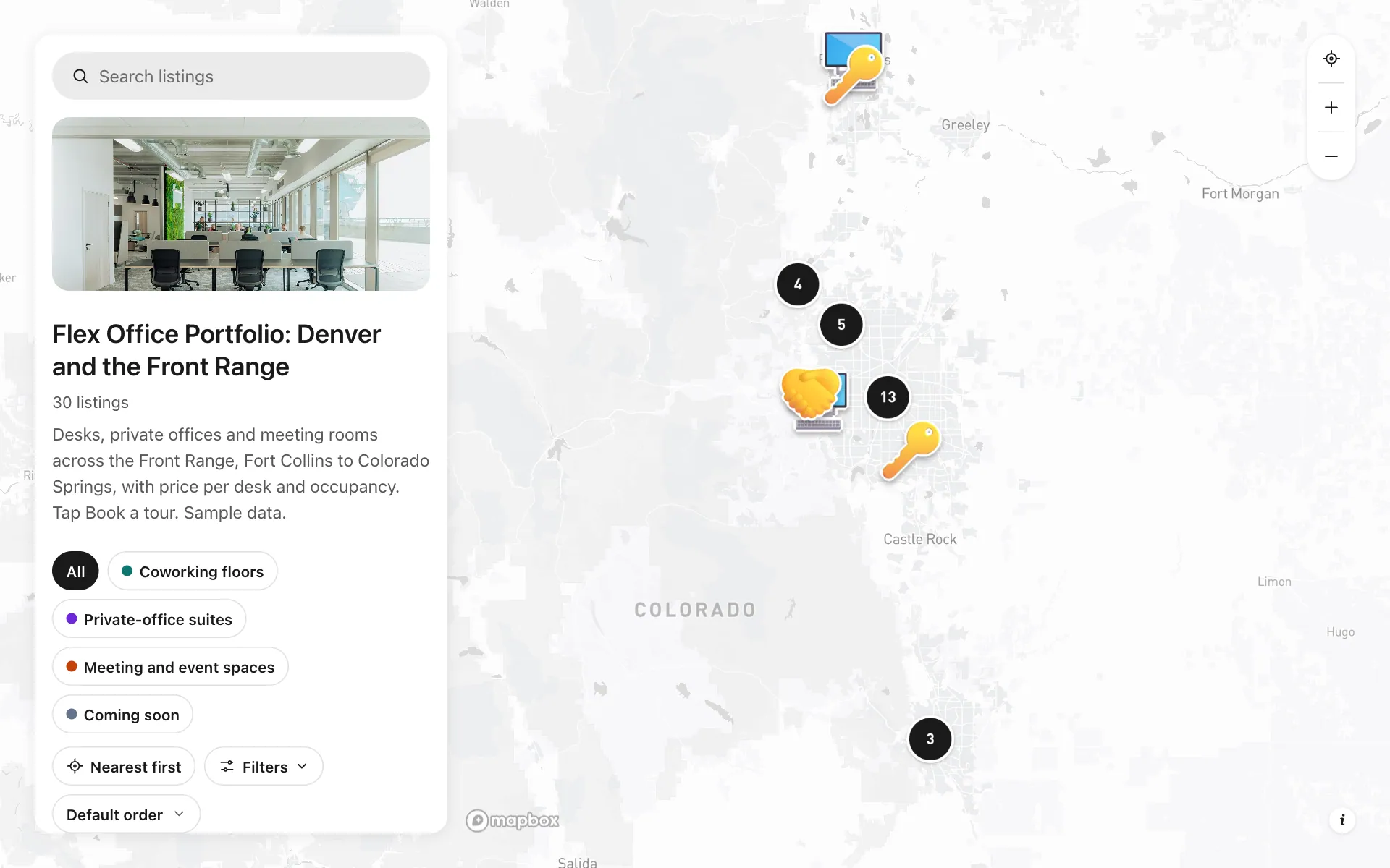 Flex office portfolio: Flex Office Portfolio: Denver and the Front Range, a shared map made with Create Mappins