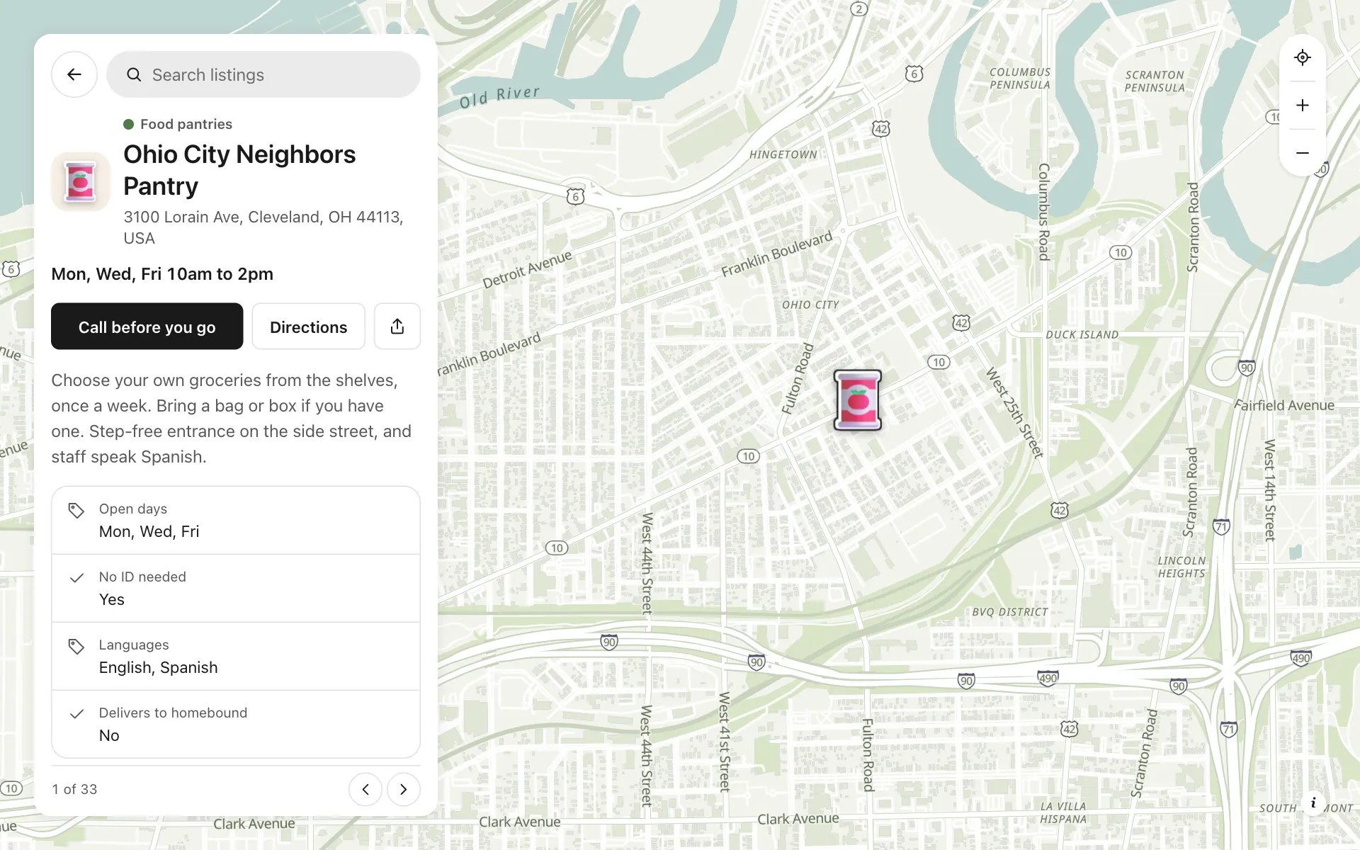 A place opened on the food bank and pantry locator map, with its details and buttons
