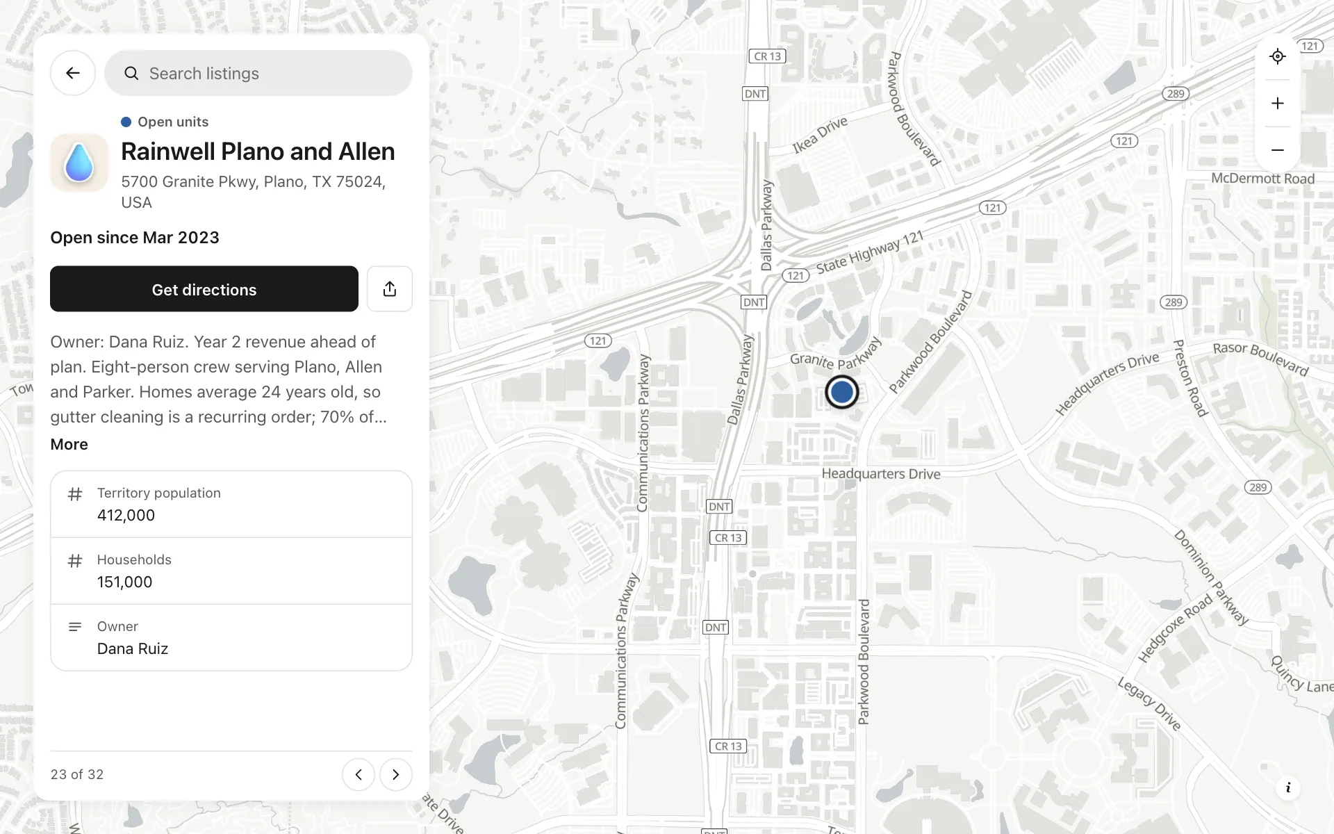 A place opened on the franchise territory map map, with its details and buttons
