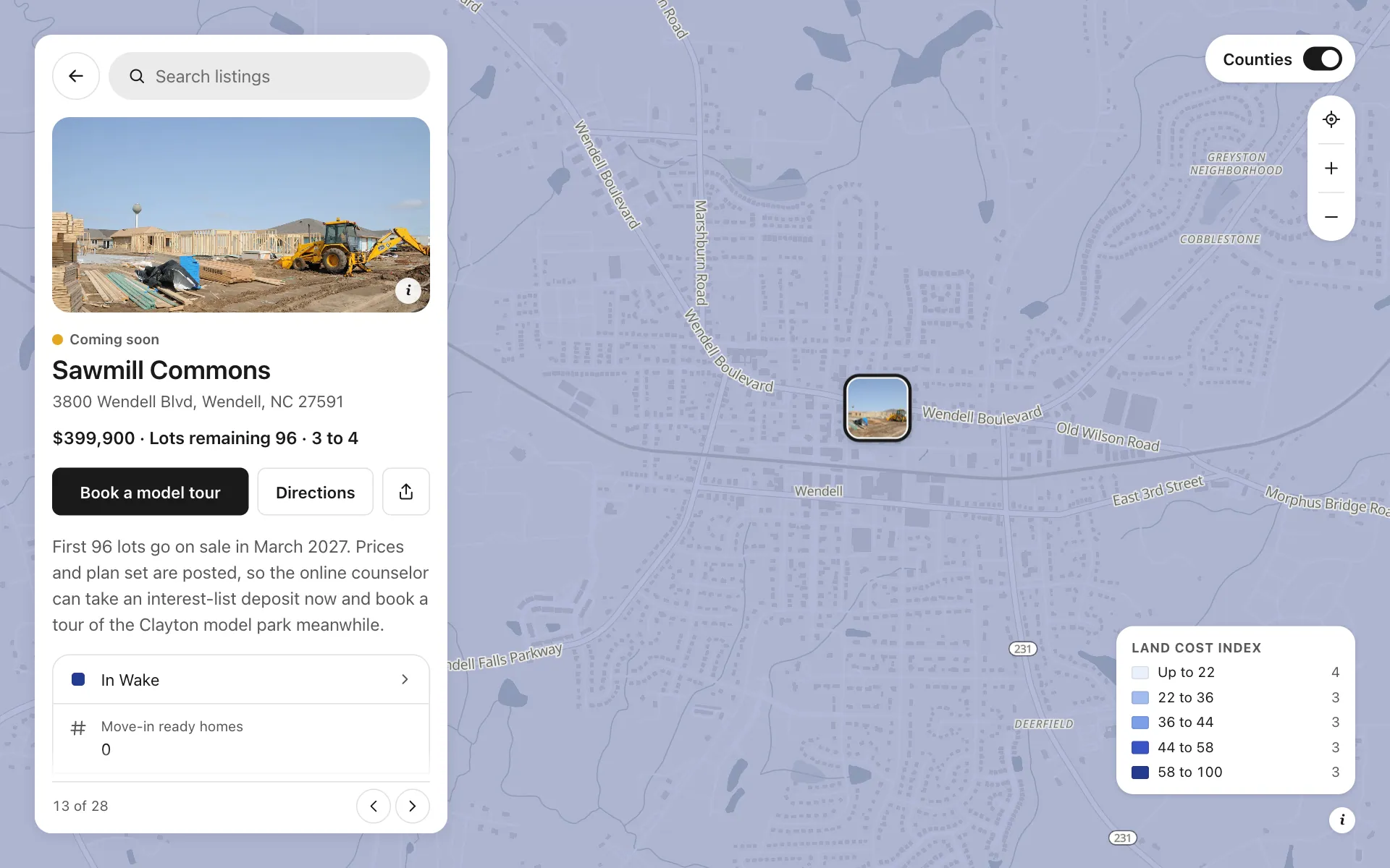 A place opened on the homebuilder communities map, with its details and buttons