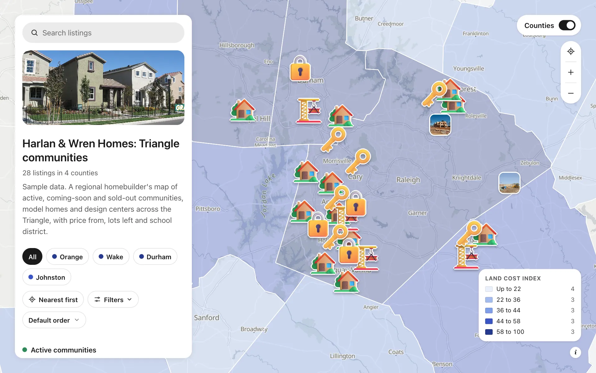 Homebuilder communities: Harlan & Wren Homes: Triangle communities, a shared map made with Create Mappins