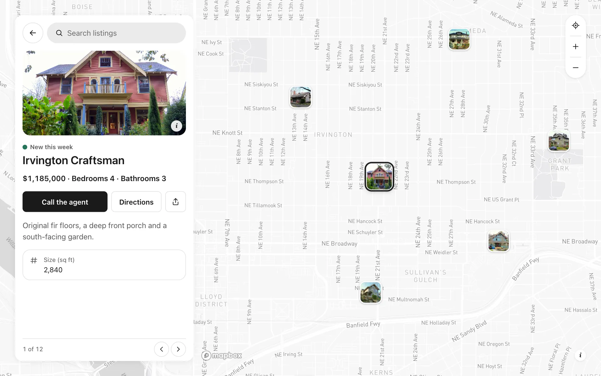 A place opened on the home listings for agents map, with its details and buttons