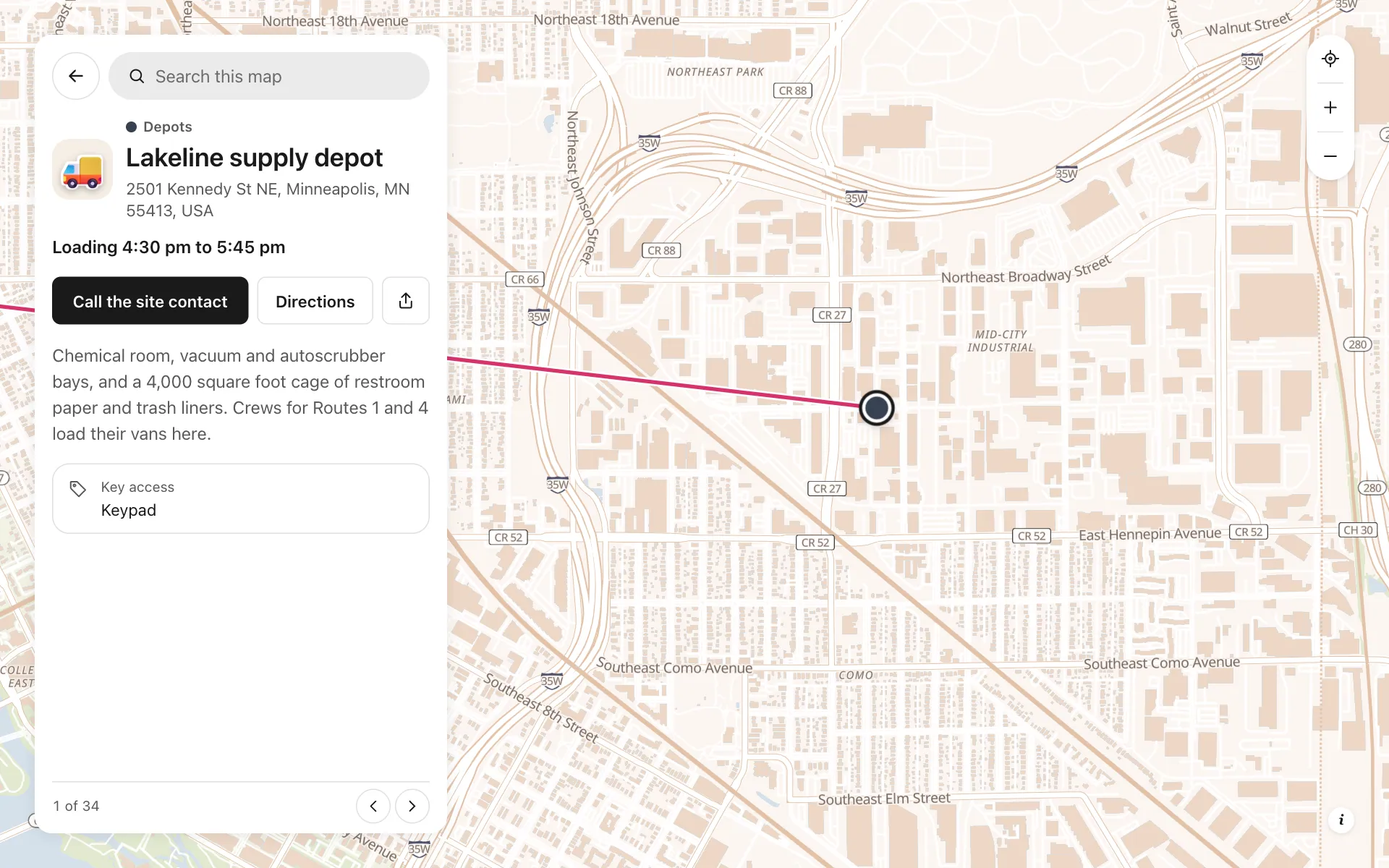 A place opened on the commercial cleaning route planner map, with its details and buttons