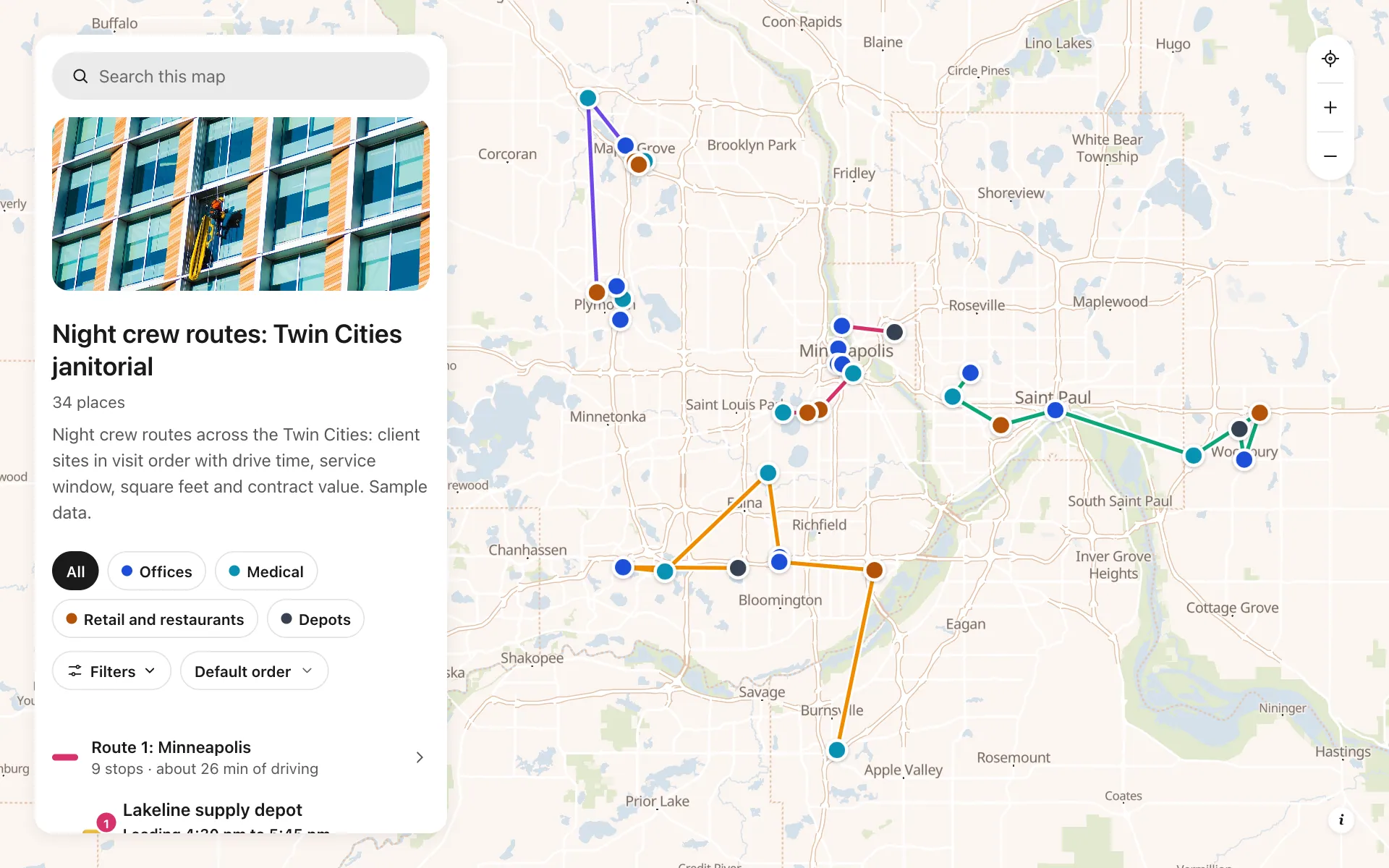 Commercial cleaning route planner: Night crew routes: Twin Cities janitorial, a shared map made with Create Mappins