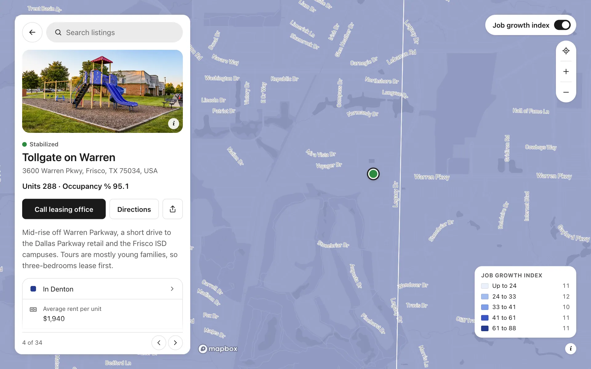 A place opened on the multifamily portfolio tracker map, with its details and buttons