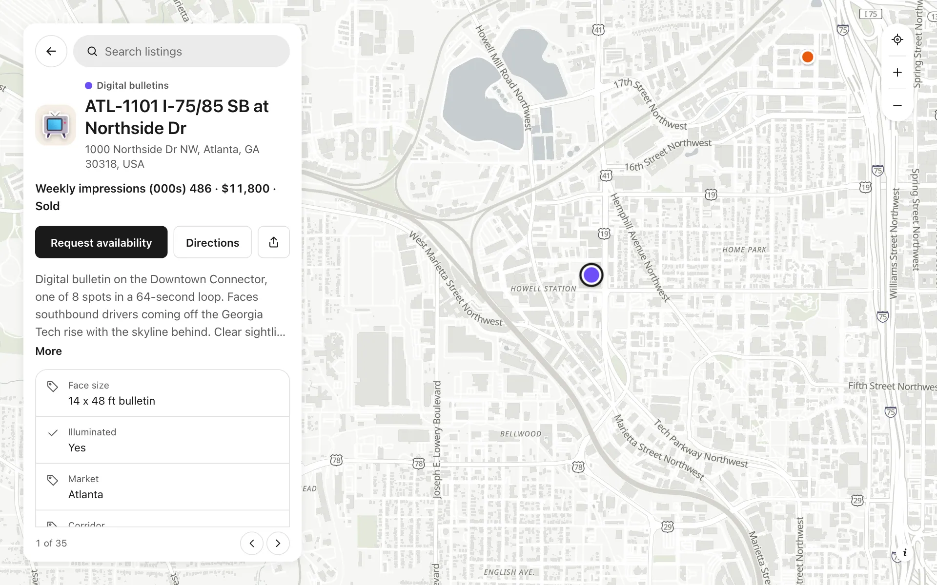 A place opened on the outdoor media inventory map, with its details and buttons