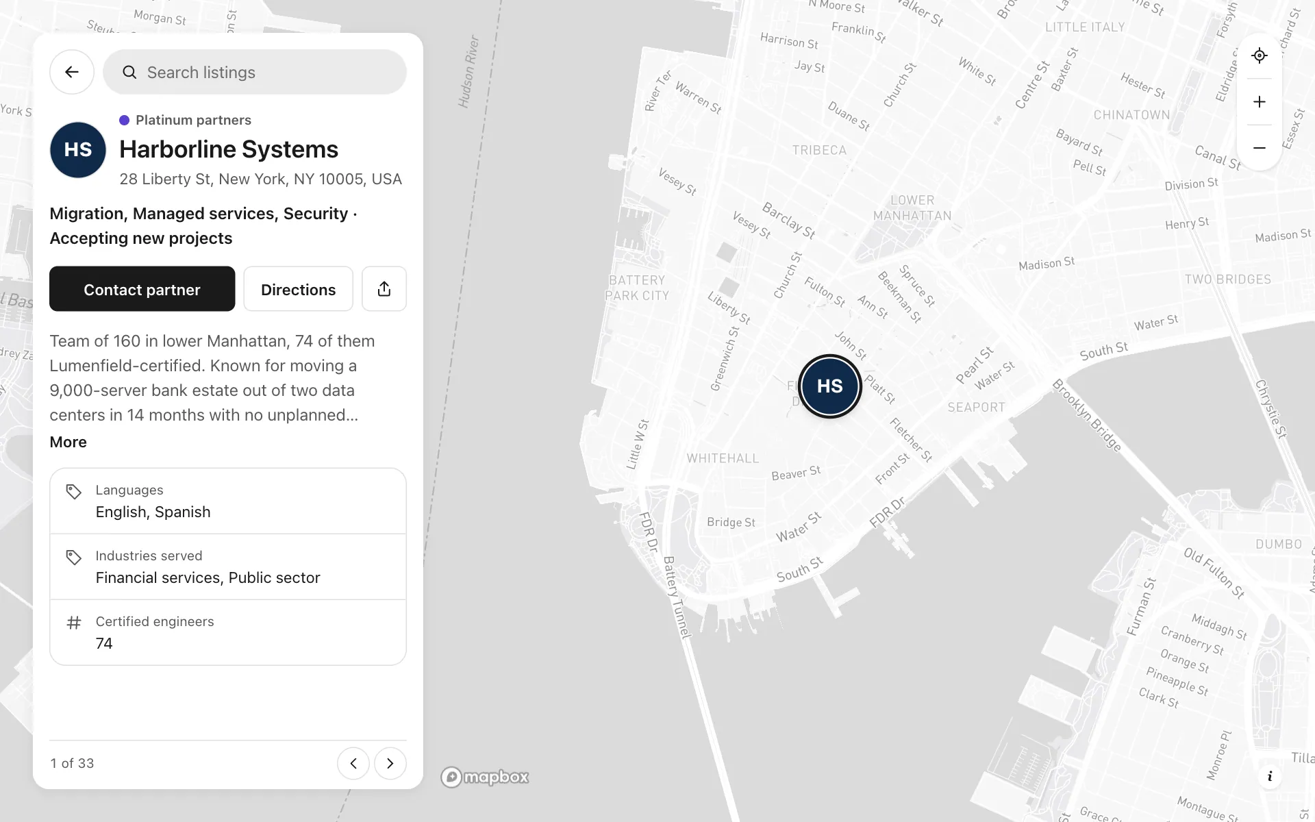 A place opened on the certified partner finder map, with its details and buttons