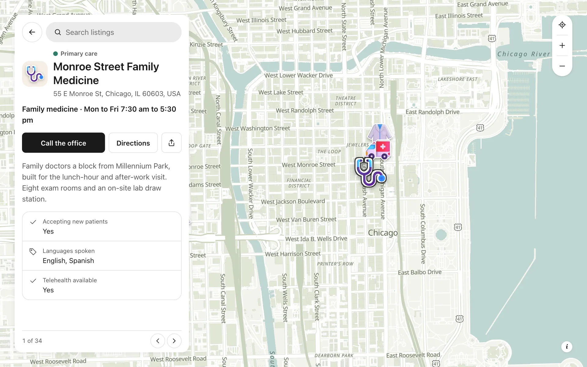 A place opened on the healthcare provider finder map, with its details and buttons
