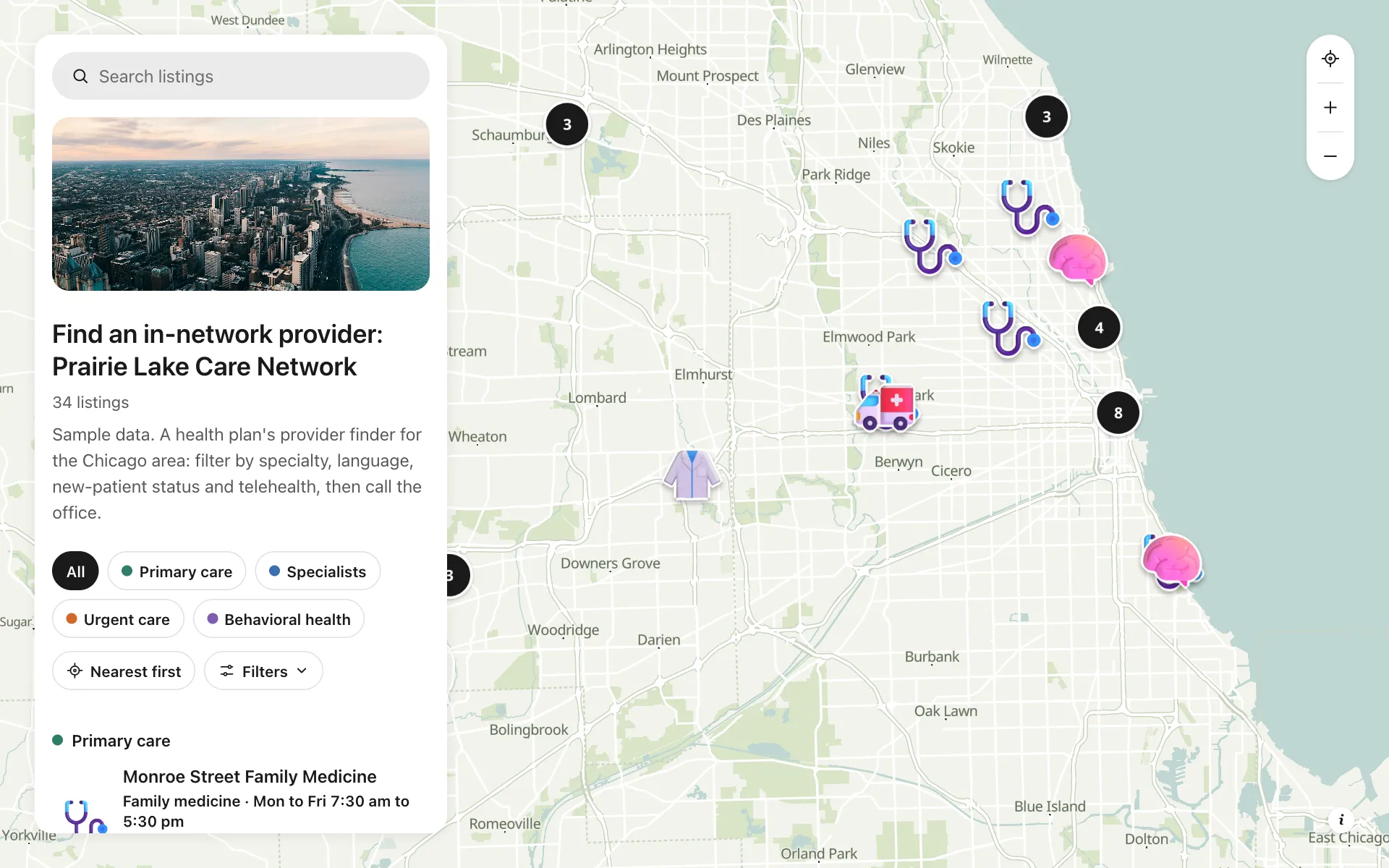 Healthcare provider finder: Find an in-network provider: Prairie Lake Care Network, a shared map made with Create Mappins