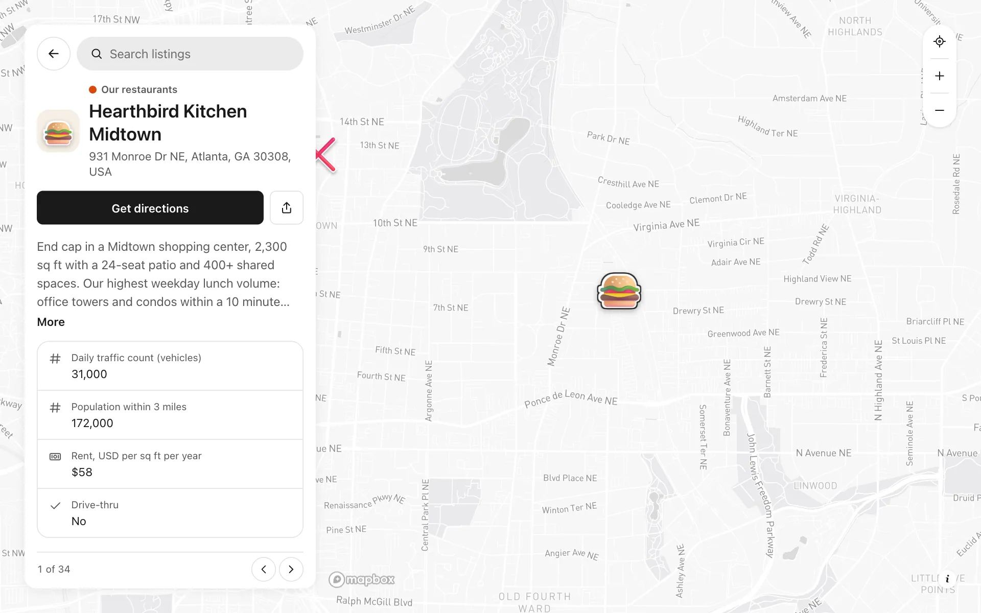 A place opened on the retail site selection map, with its details and buttons