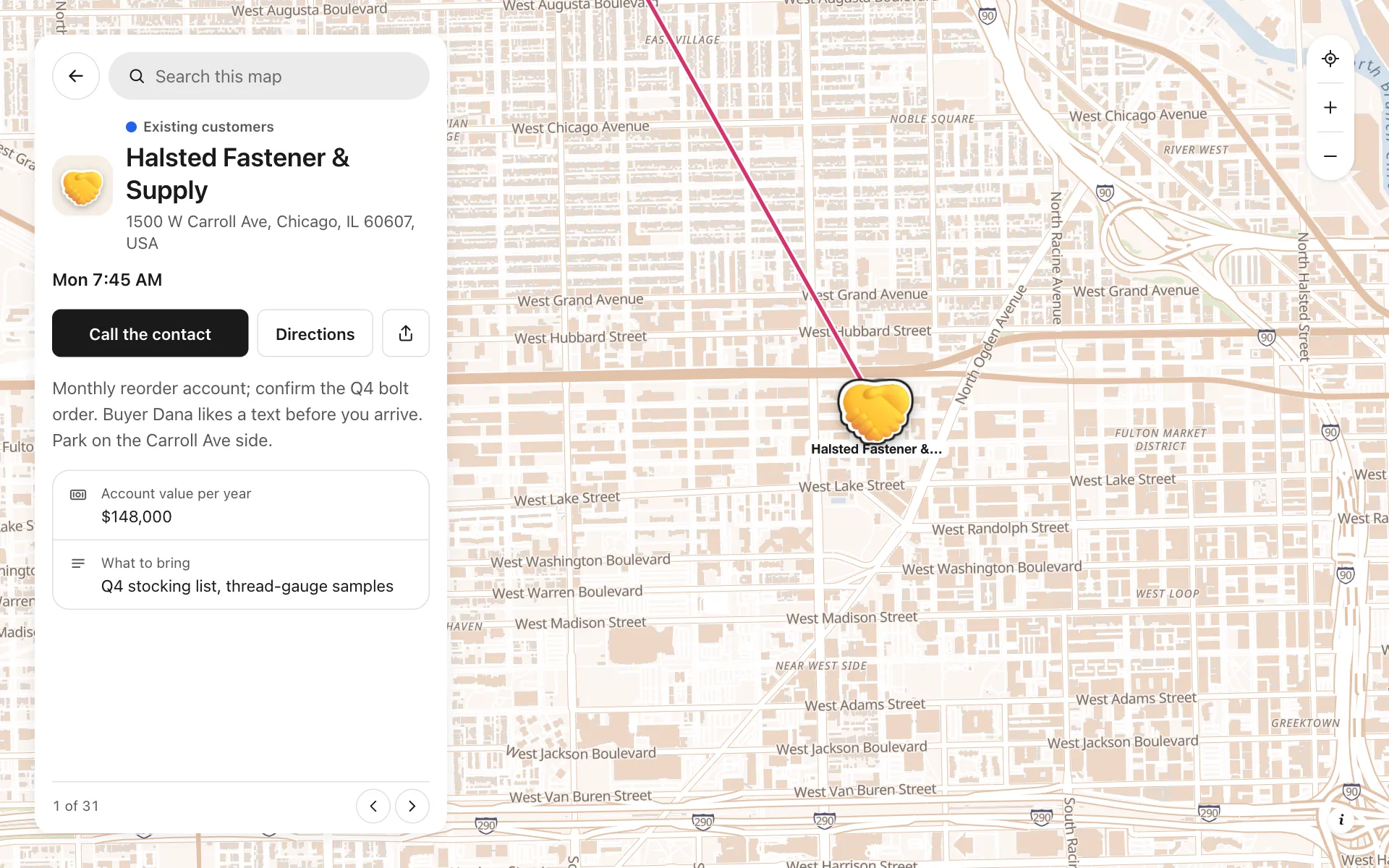 A place opened on the field sales route planner map, with its details and buttons