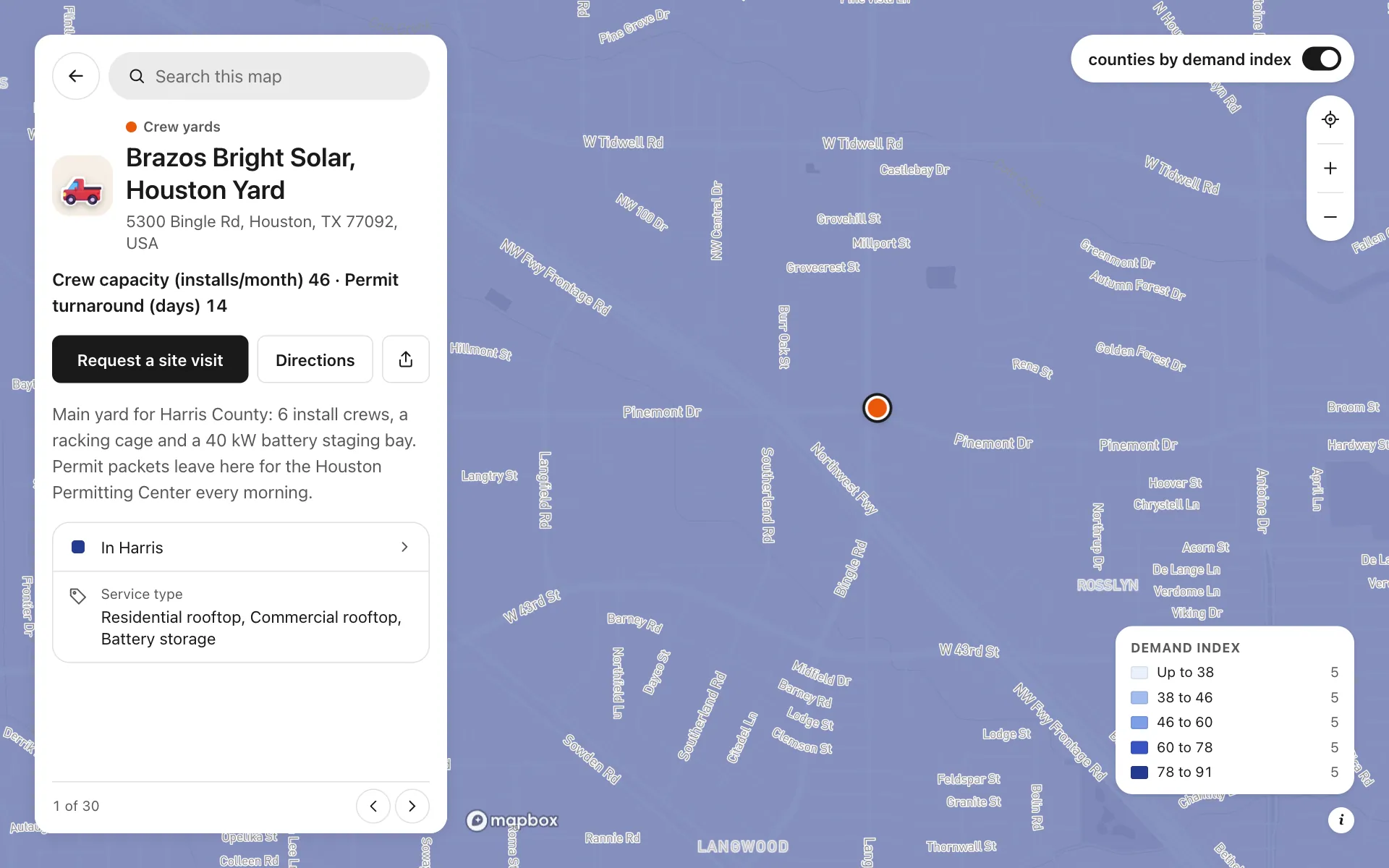 A place opened on the solar installer service territories map, with its details and buttons