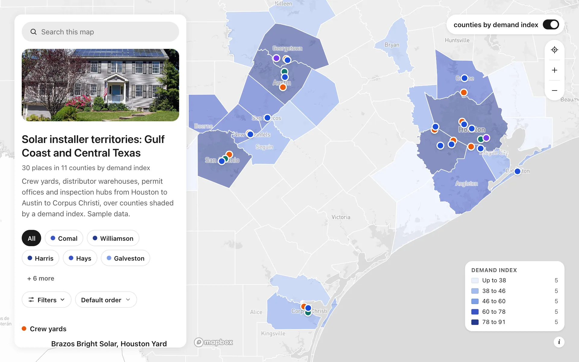 Solar installer service territories: Solar installer territories: Gulf Coast and Central Texas, a shared map made with Create Mappins