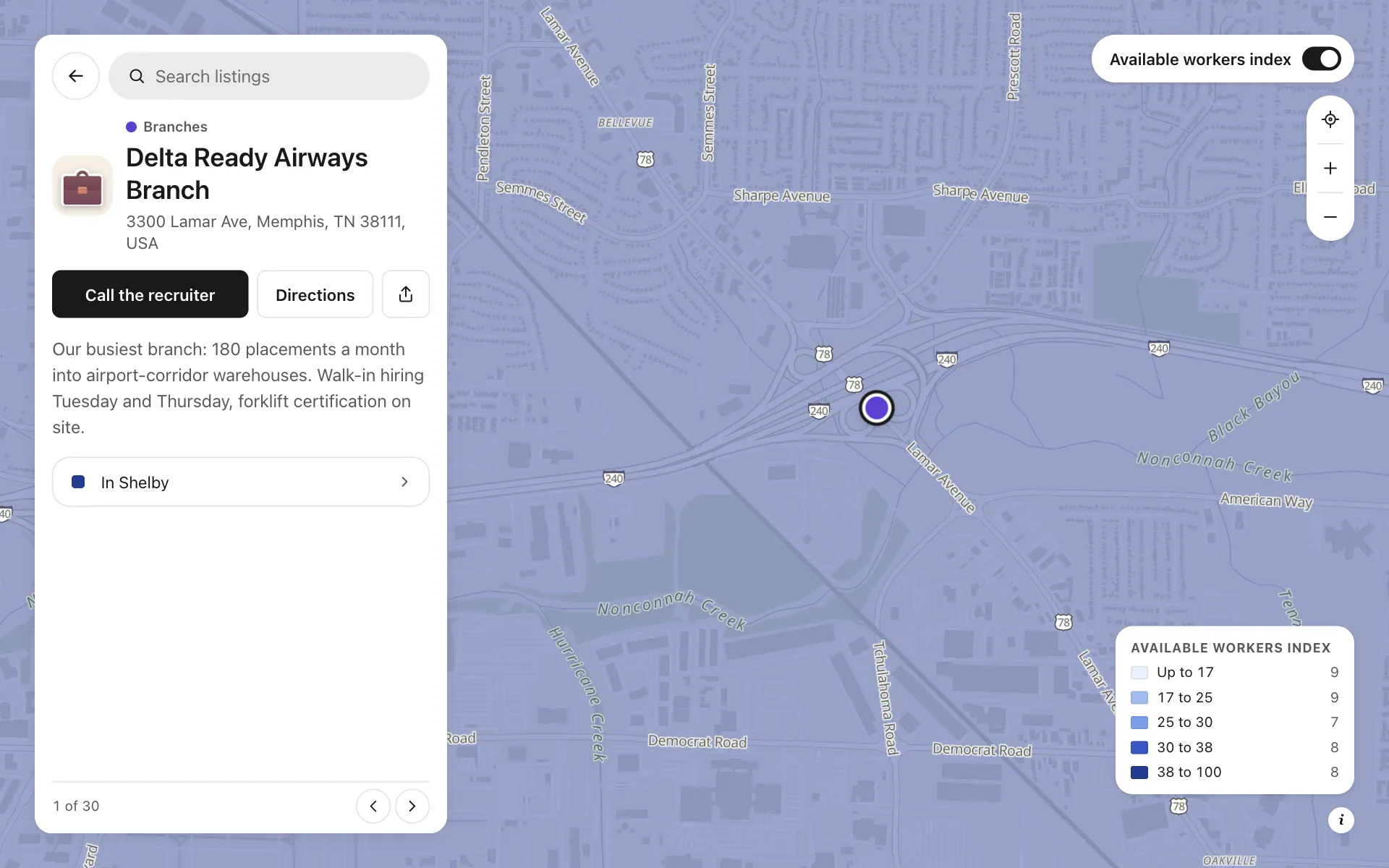 A place opened on the staffing coverage map map, with its details and buttons
