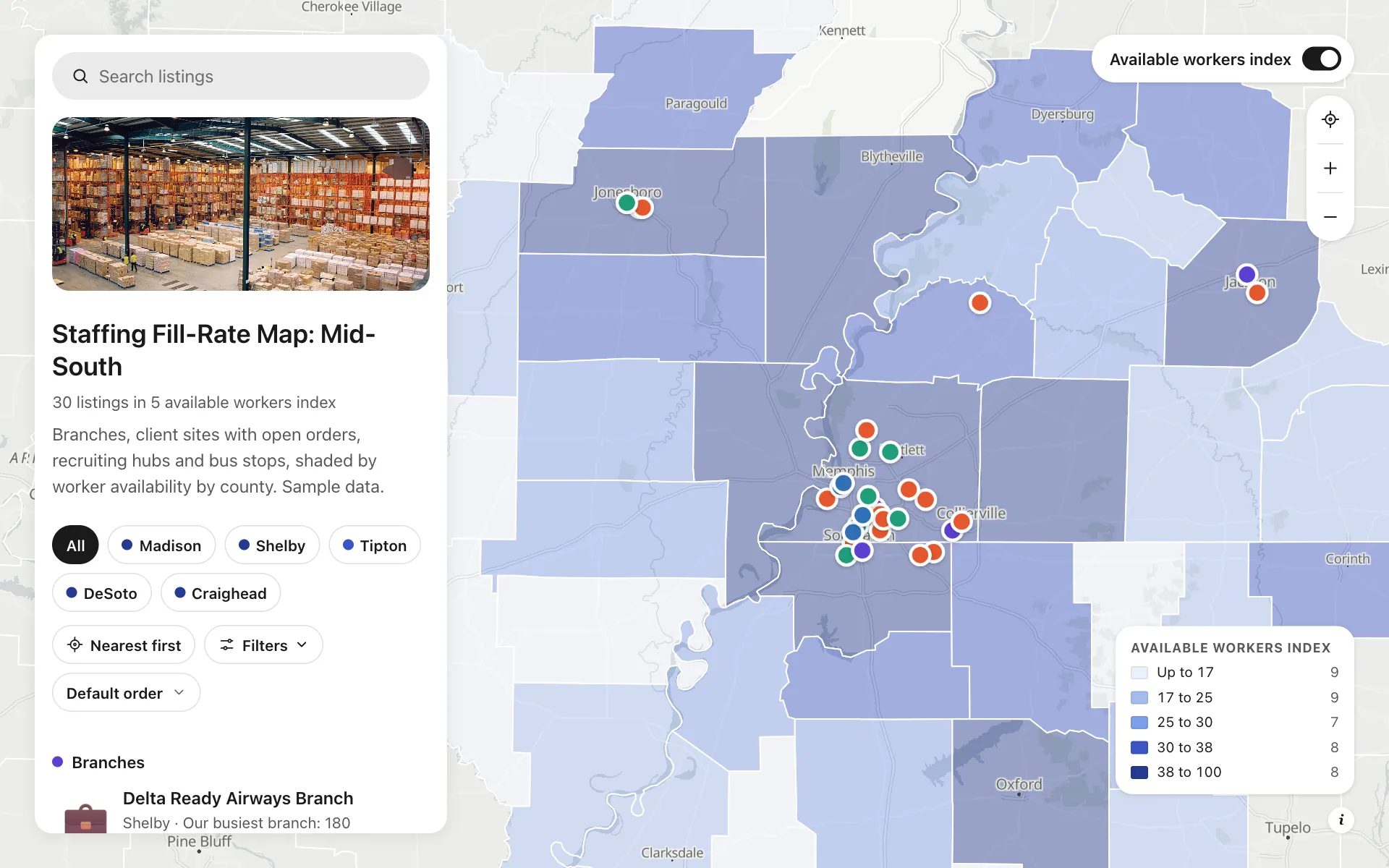 Staffing coverage map: Staffing Fill-Rate Map: Mid-South, a shared map made with Create Mappins