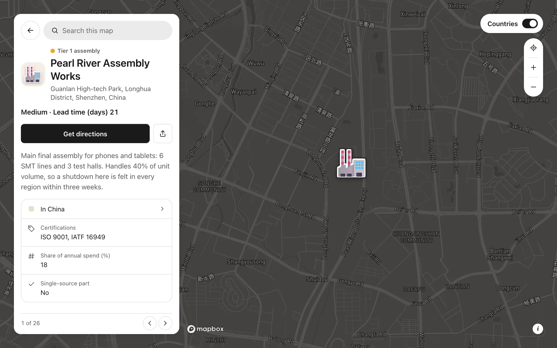 A place opened on the supplier risk map map, with its details and buttons