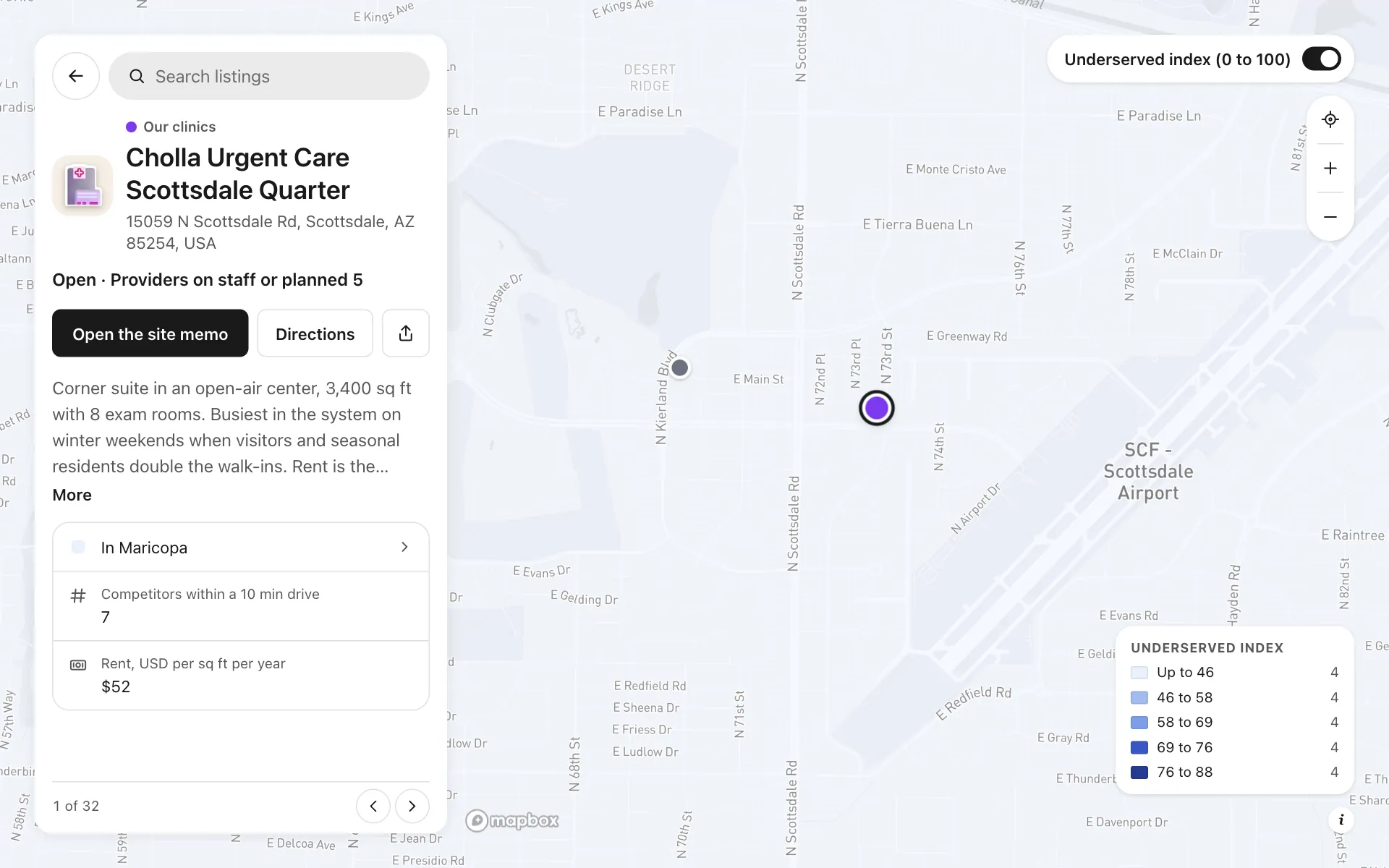 A place opened on the urgent care expansion planner map, with its details and buttons