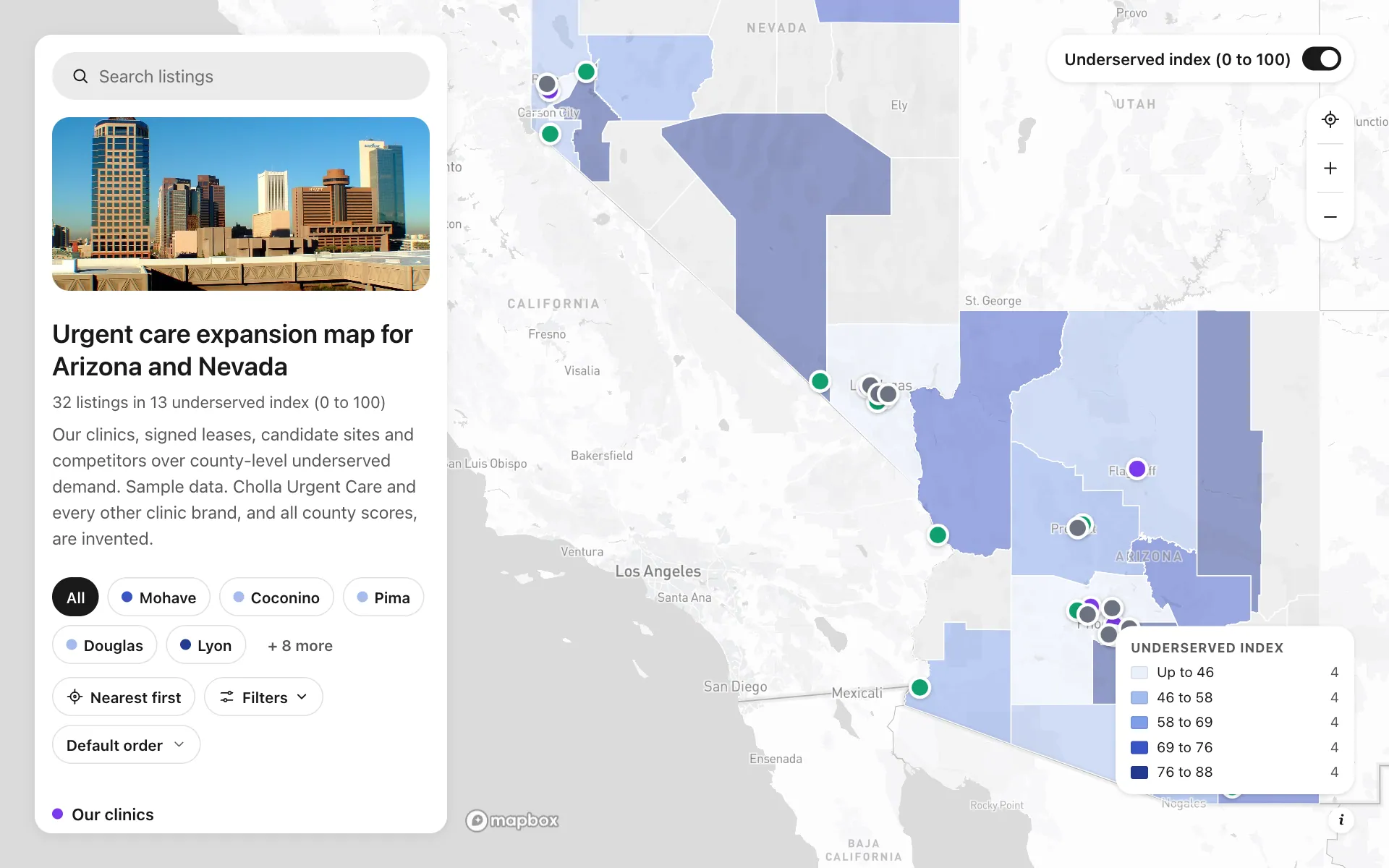 Urgent care expansion planner: Urgent care expansion map for Arizona and Nevada, a shared map made with Create Mappins