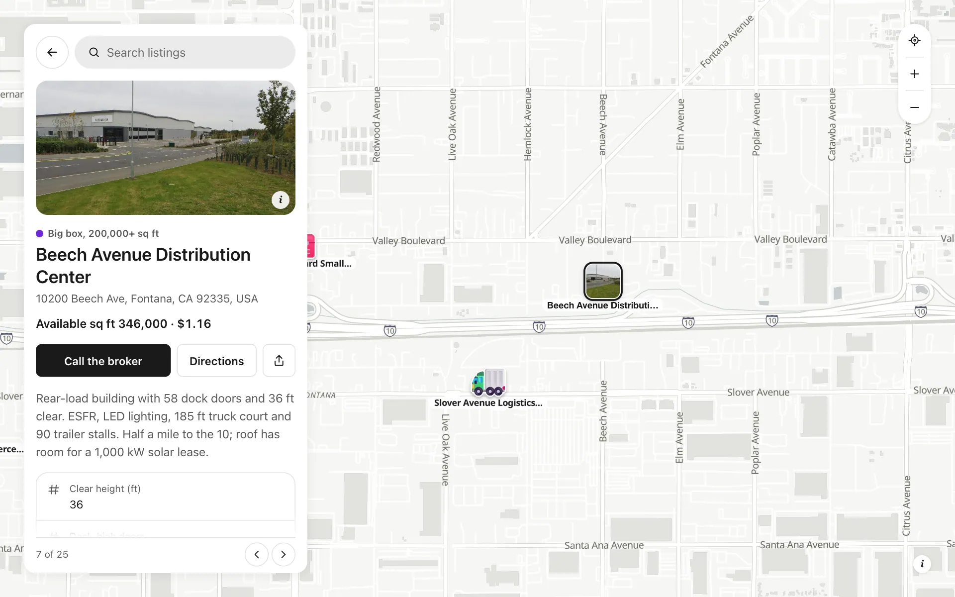 A place opened on the industrial space for lease map, with its details and buttons