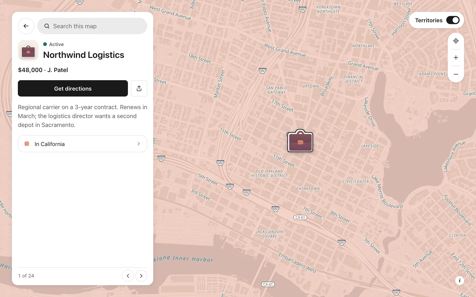 A place opened on the sales territory map map, with its details and buttons