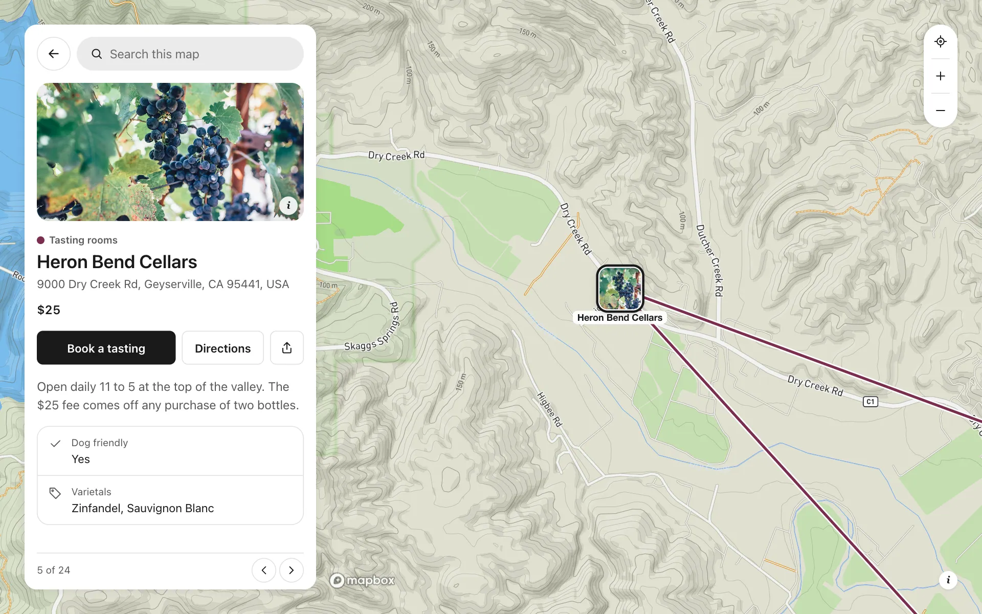 A place opened on the winery tasting trail map, with its details and buttons
