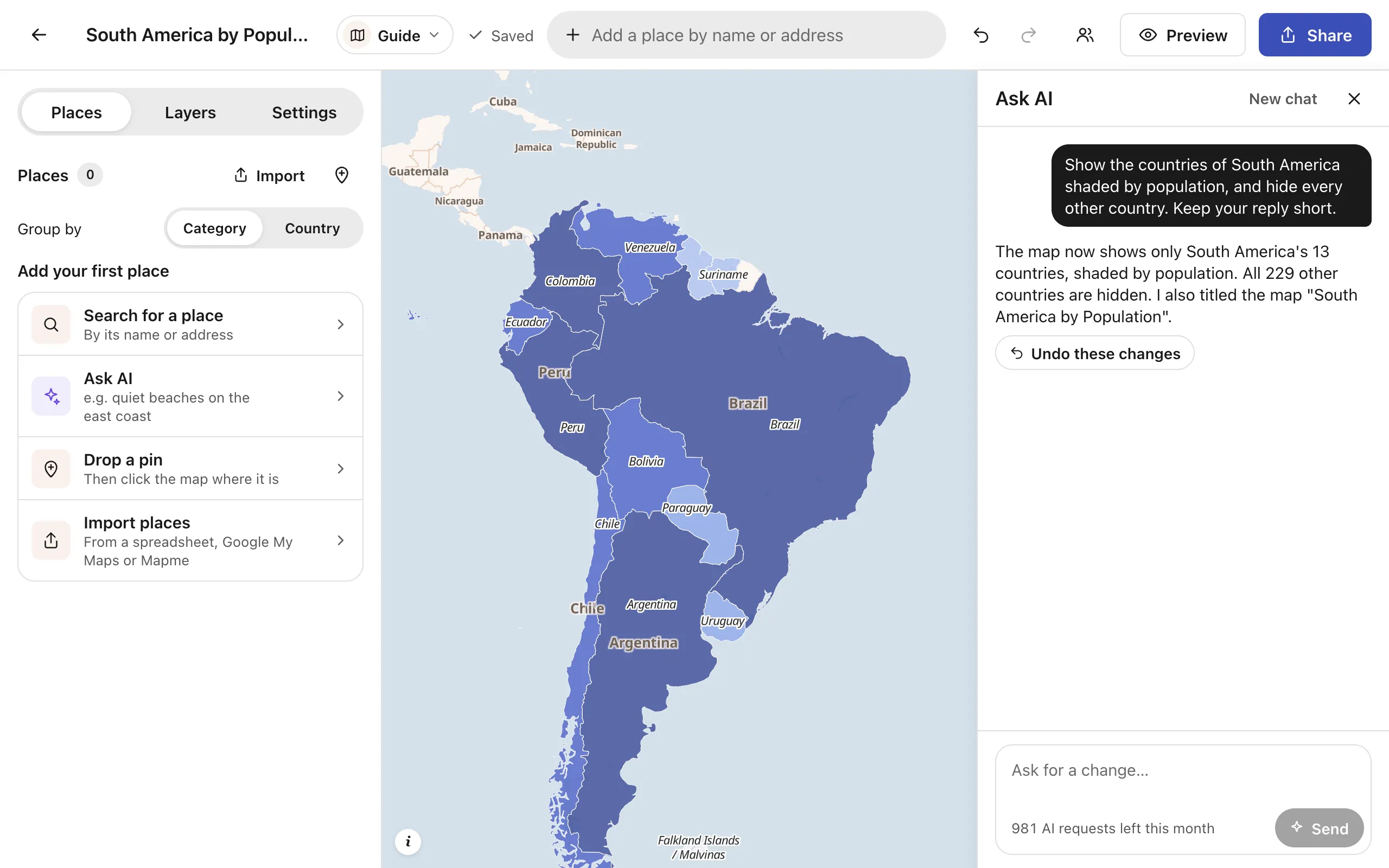 Ask AI adding data: asked for the countries of South America shaded by population, it has added a countries layer and hidden the rest of the world