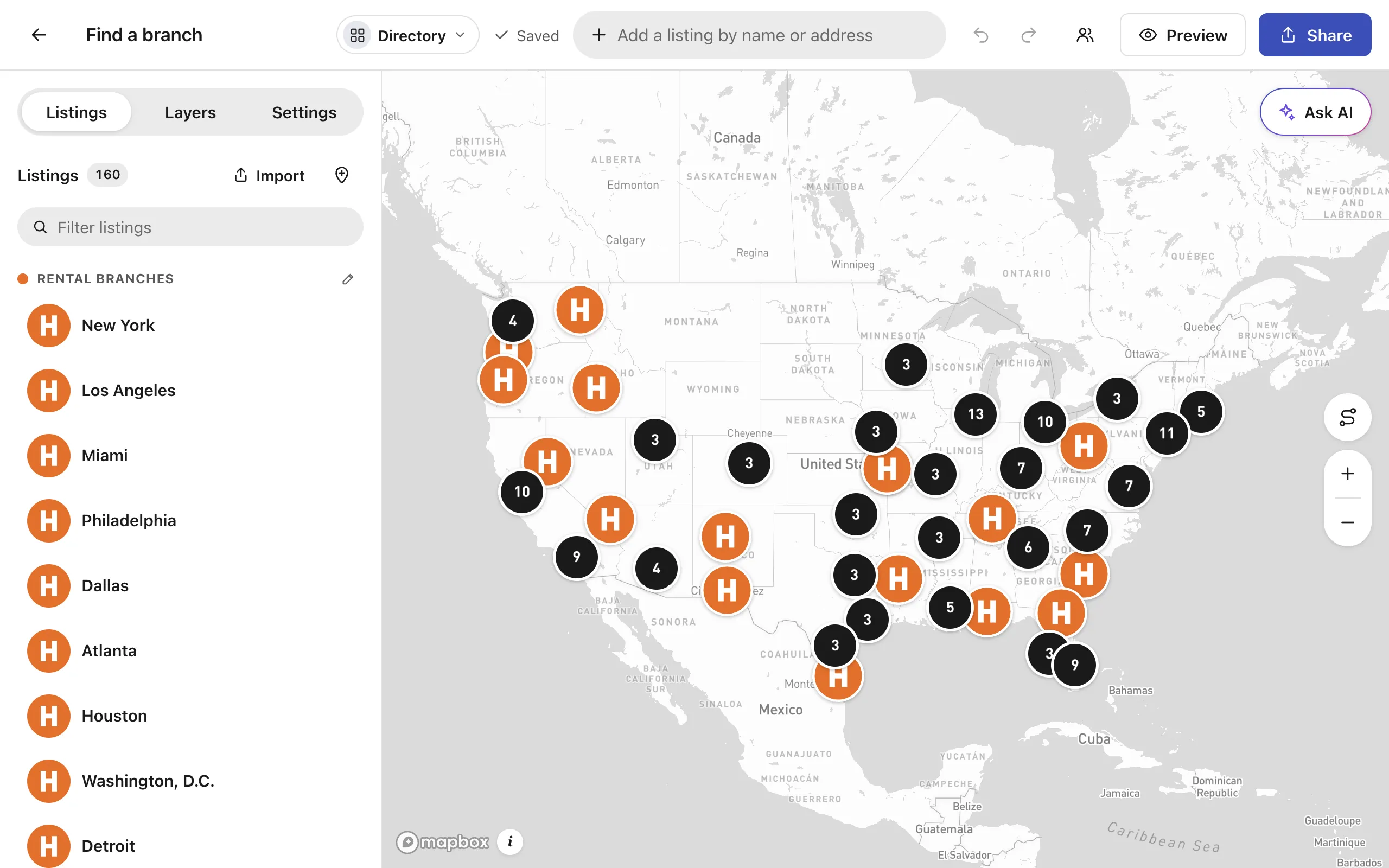 The Create Mappins editor with an equipment rental company's 160 branches: listed with the company's logo beside a map of the US